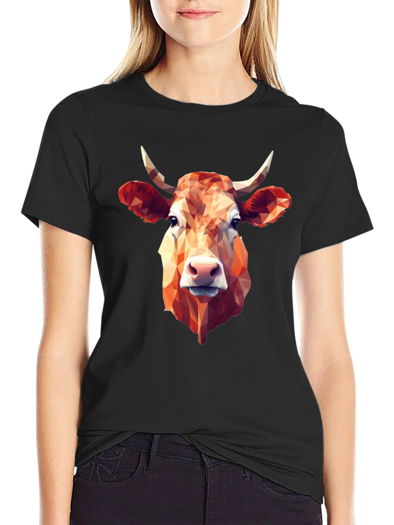 Geometric Cow Graphic Tee - Stylish Black T-Shirt
