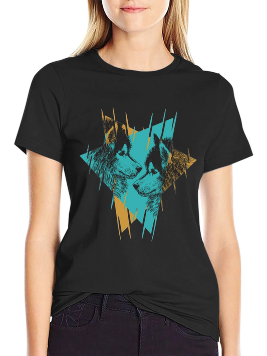 Abstract Wolves Graphic Print Black T-Shirt