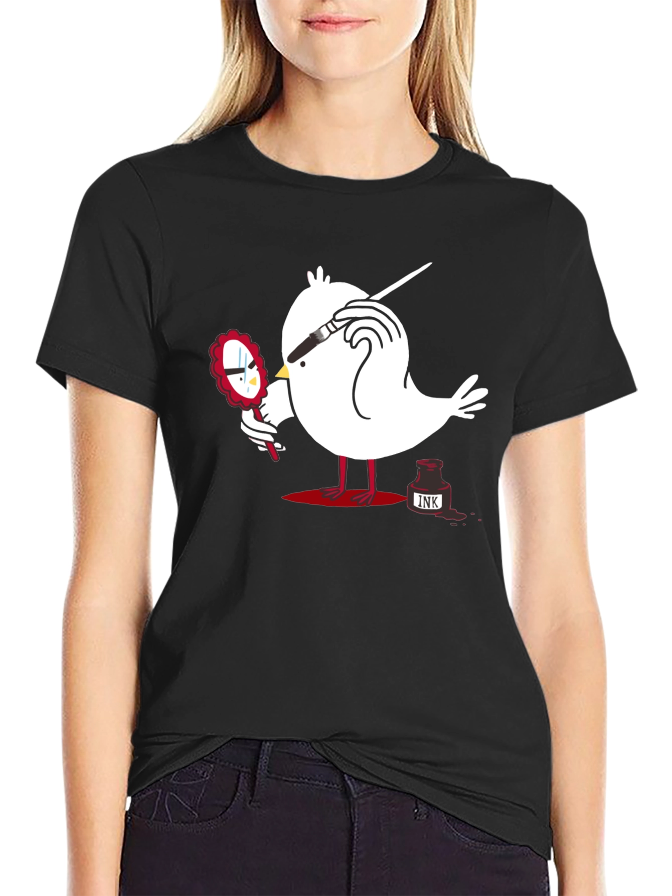 Quirky Bird Art Black T-Shirt