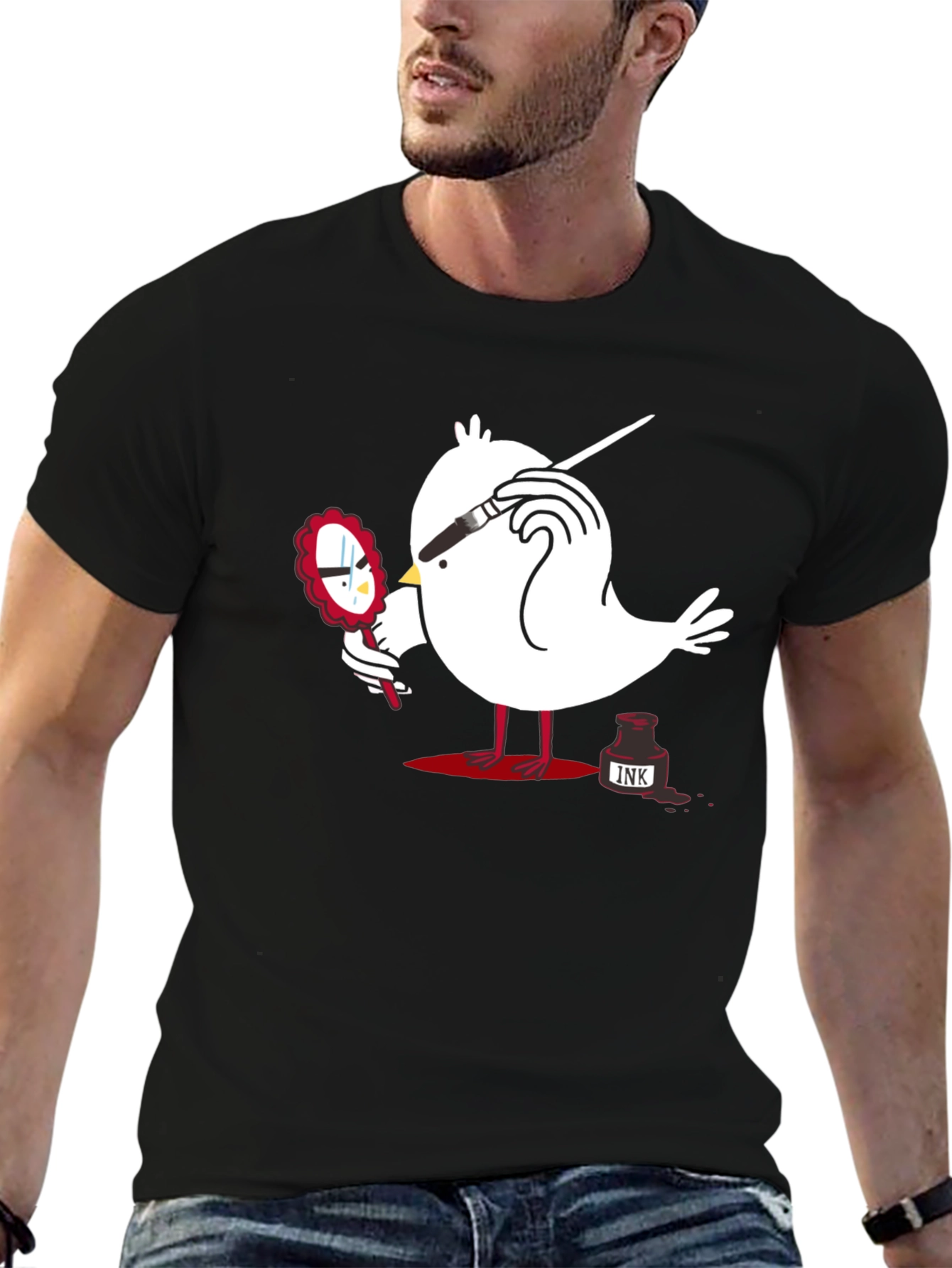 Quirky Bird Art Black T-Shirt