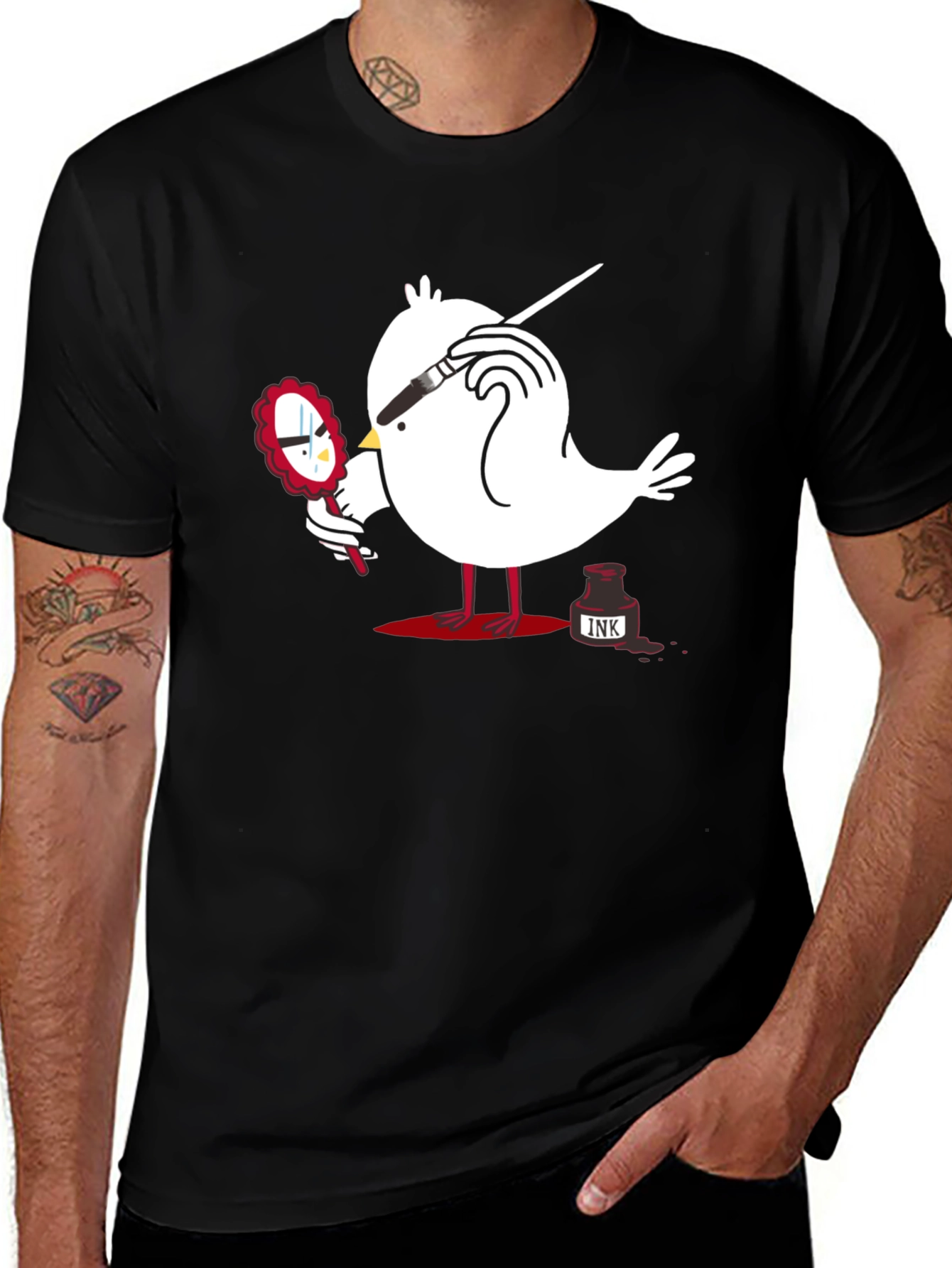 Quirky Bird Art Black T-Shirt