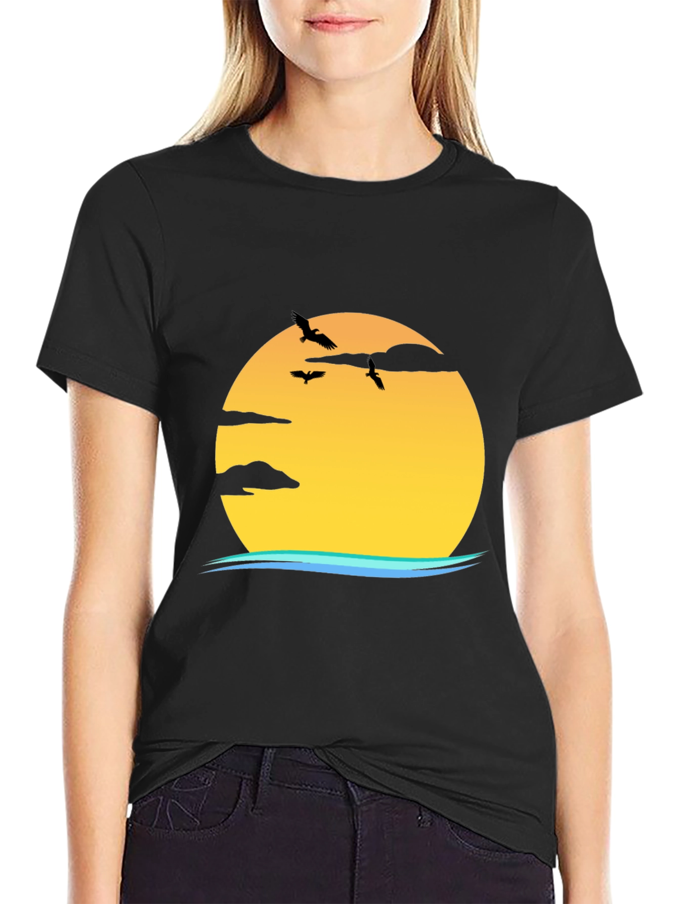 Sunset Bird Graphic Tee - Casual Black T-Shirt