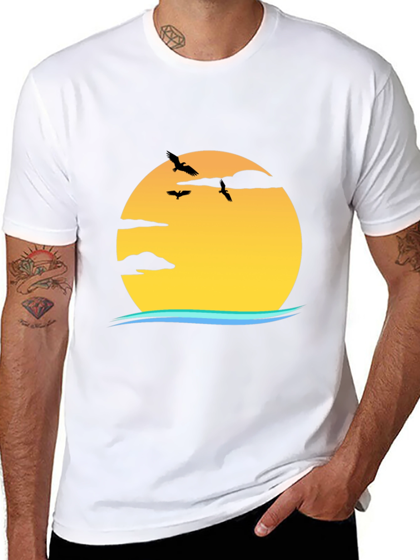 Sunset Bird Graphic Tee - Casual Black T-Shirt