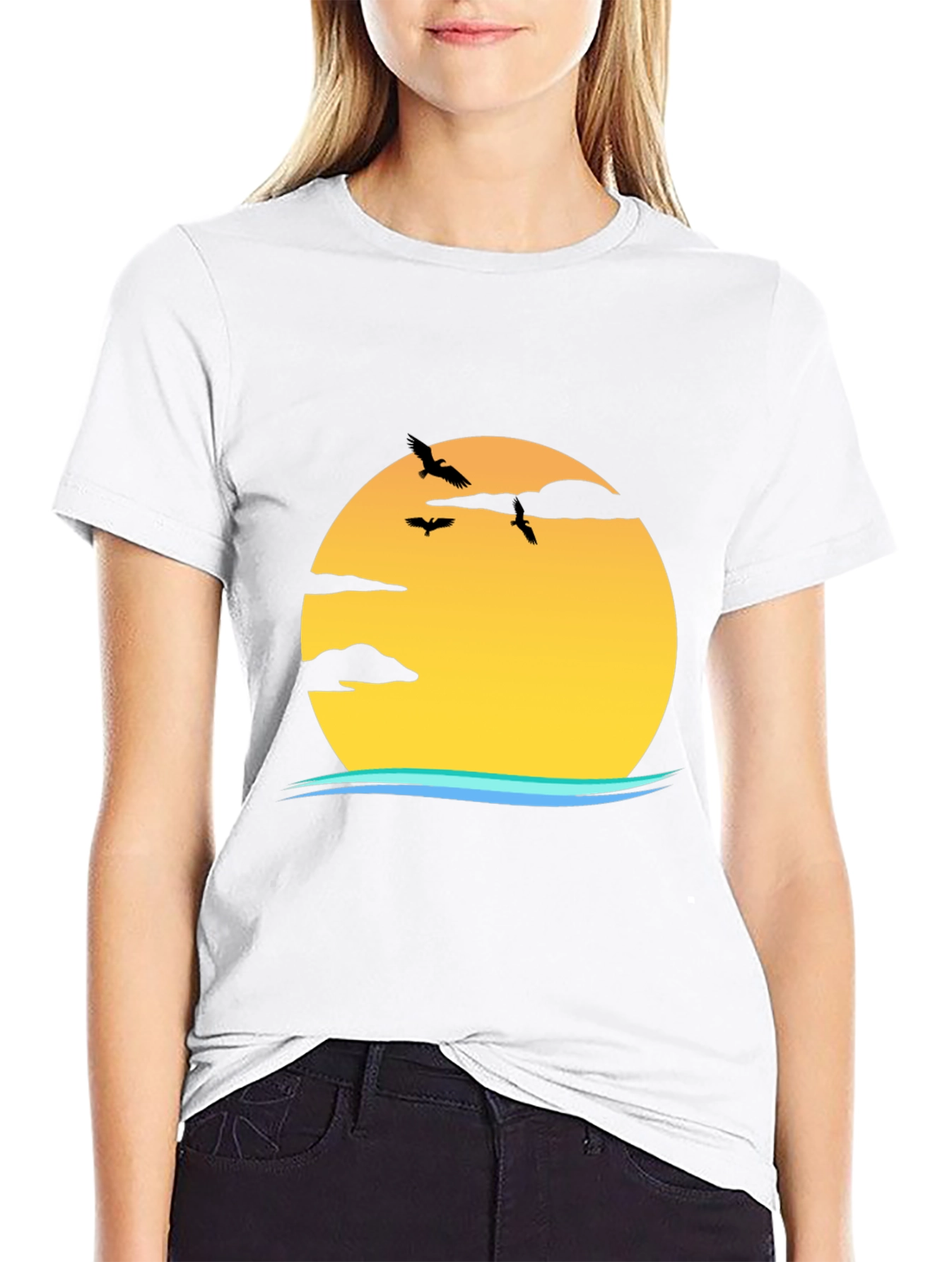 Sunset Bird Graphic Tee - Casual Black T-Shirt