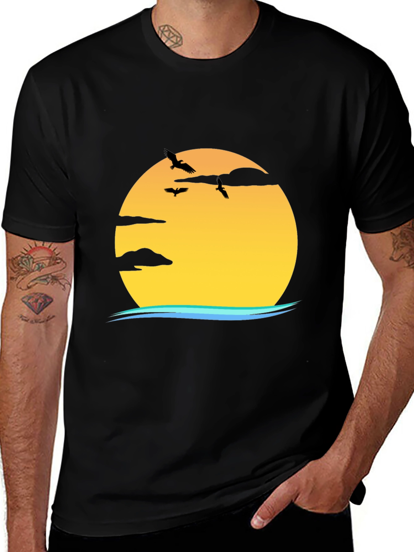 Sunset Bird Graphic Tee - Casual Black T-Shirt