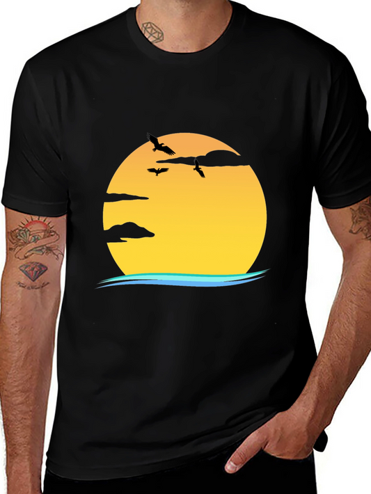 Sunset Bird Graphic Tee - Casual Black T-Shirt