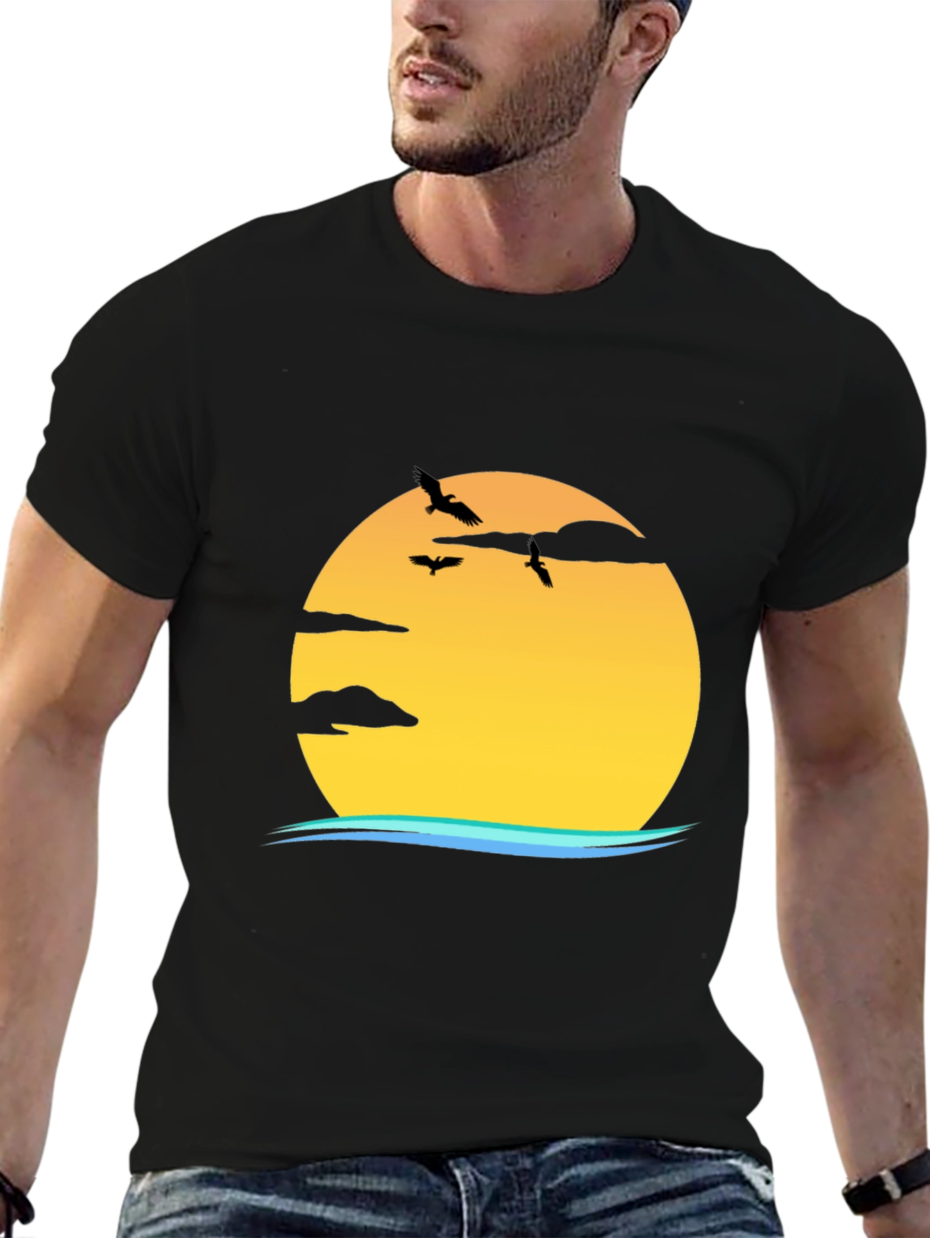 Sunset Bird Graphic Tee - Casual Black T-Shirt