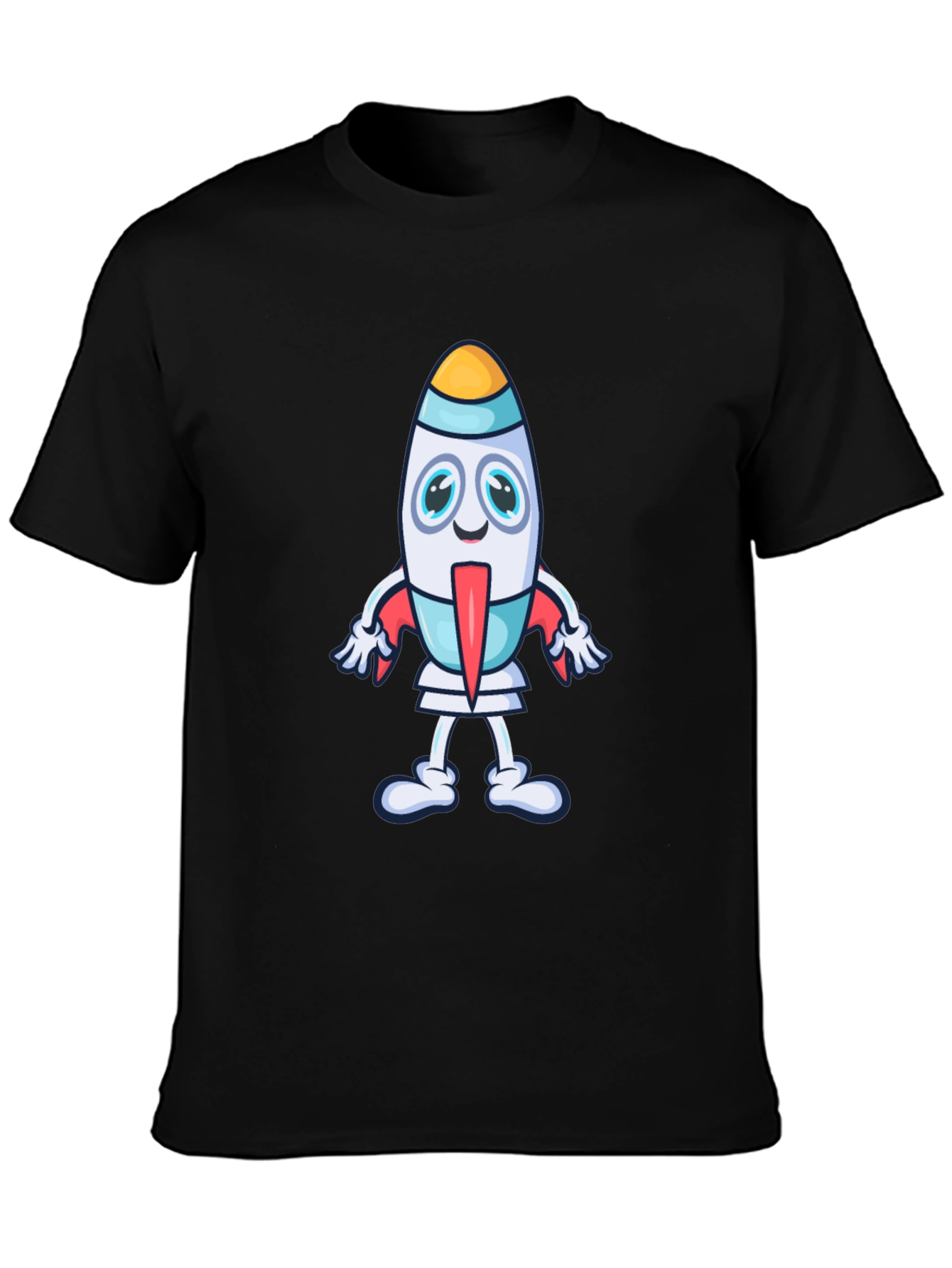 Cartoon Rocket Graphic Tee - Black Cotton T-Shirt