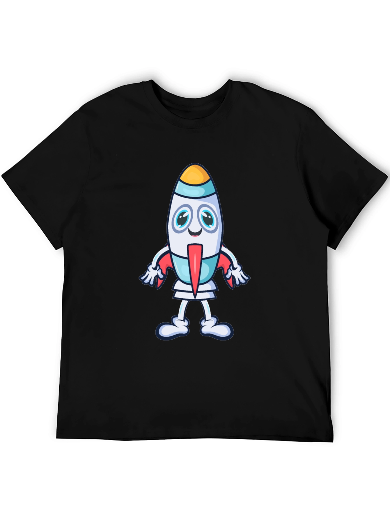 Cartoon Rocket Graphic Tee - Black Cotton T-Shirt