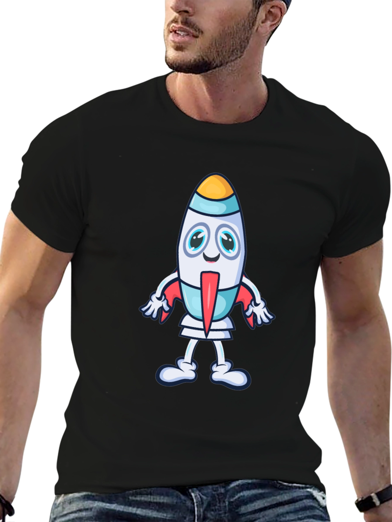 Cartoon Rocket Graphic Tee - Black Cotton T-Shirt
