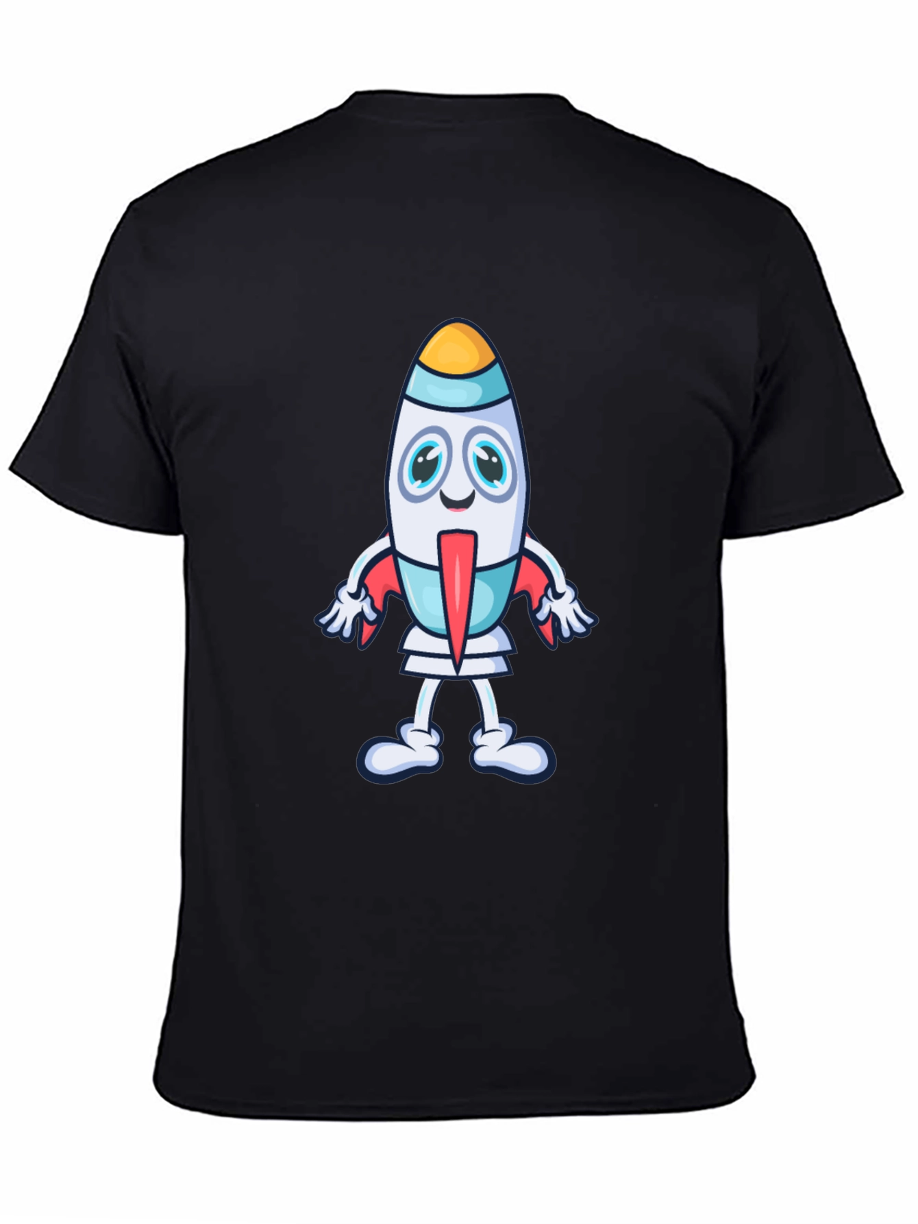 Cartoon Rocket Graphic Tee - Black Cotton T-Shirt