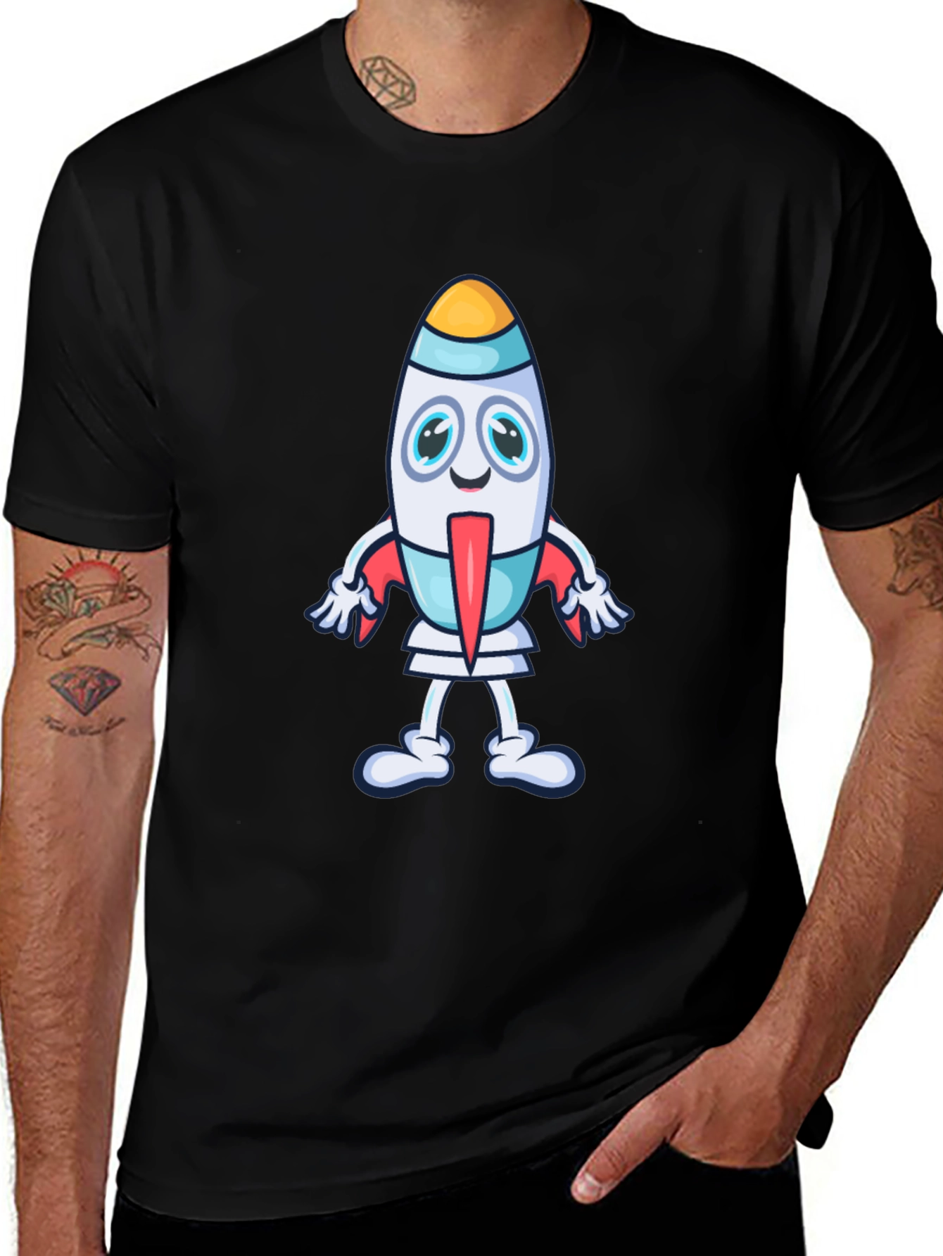 Cartoon Rocket Graphic Tee - Black Cotton T-Shirt