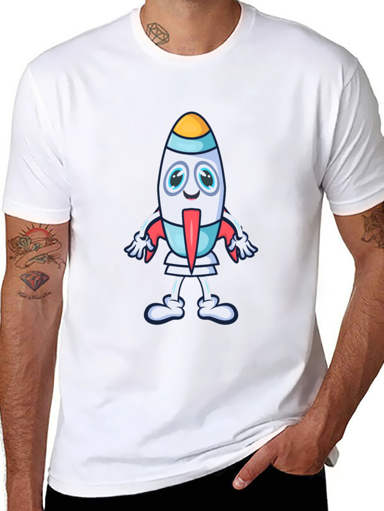 Cartoon Rocket Graphic Tee - Black Cotton T-Shirt