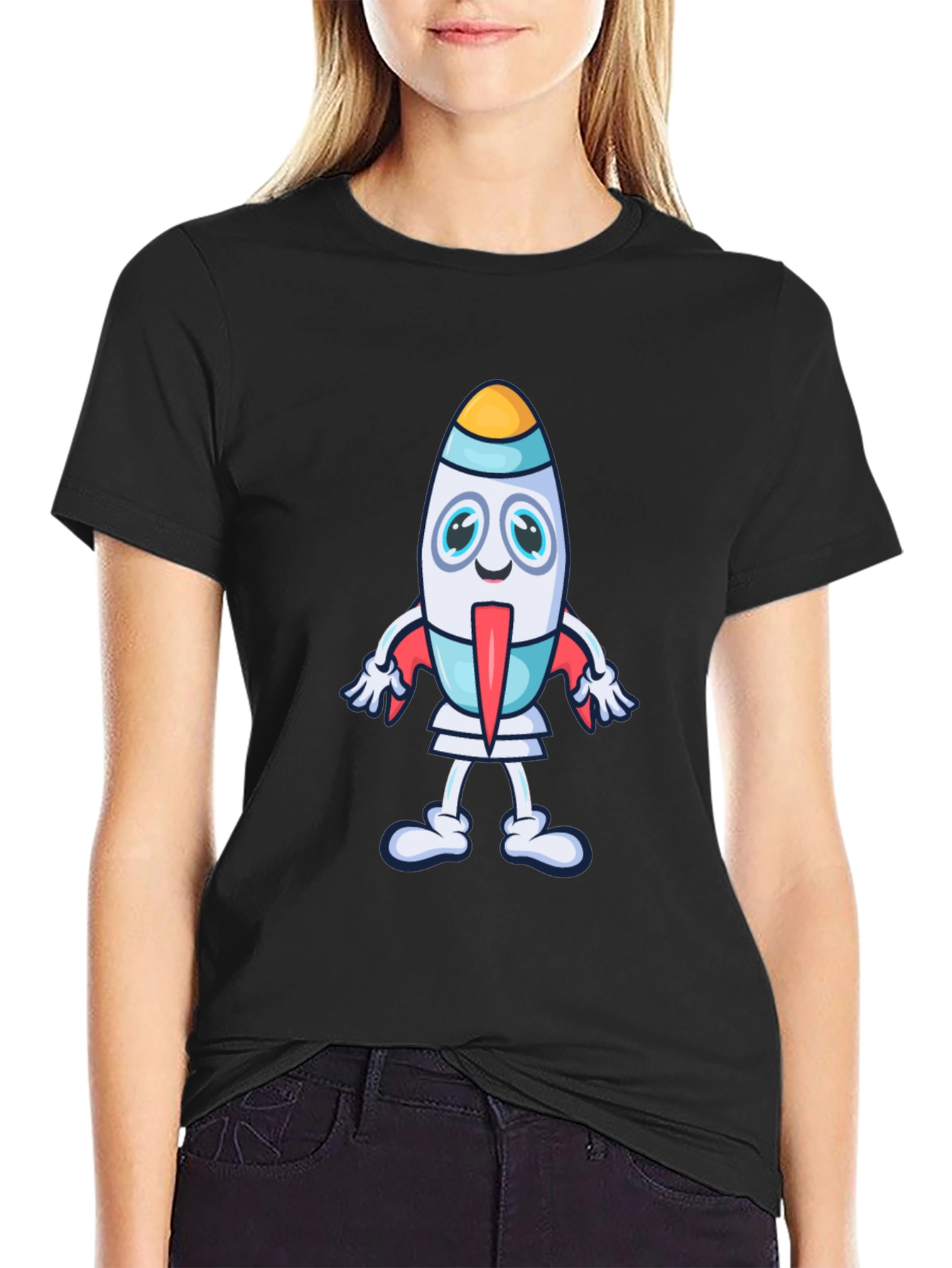 Cartoon Rocket Graphic Tee - Black Cotton T-Shirt