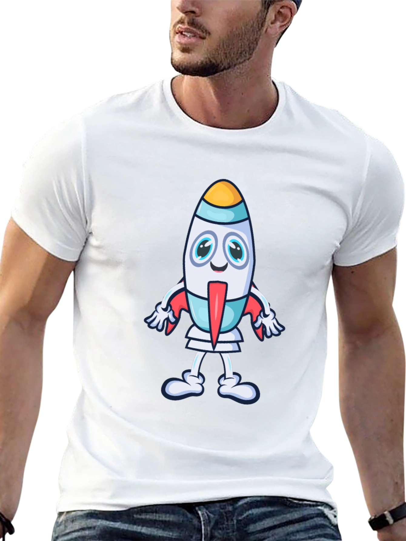 Cartoon Rocket Graphic Tee - Black Cotton T-Shirt