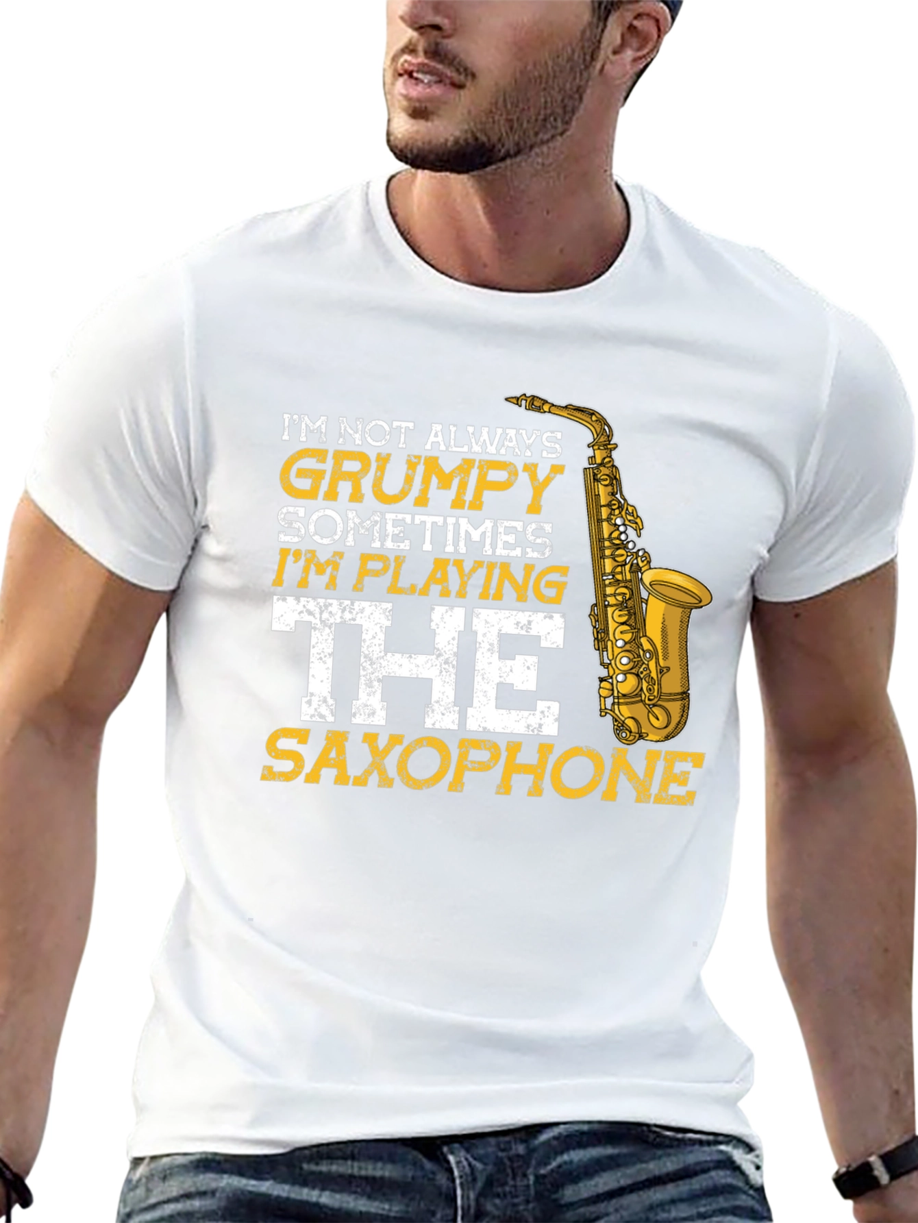 Grumpy Saxophone Player Graphic Tee - Black Cotton T-Shirt