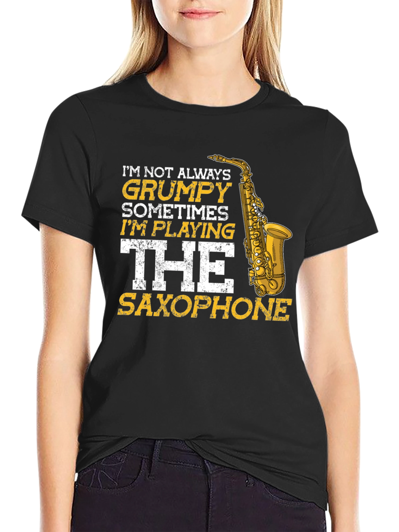 Grumpy Saxophone Player Graphic Tee - Black Cotton T-Shirt