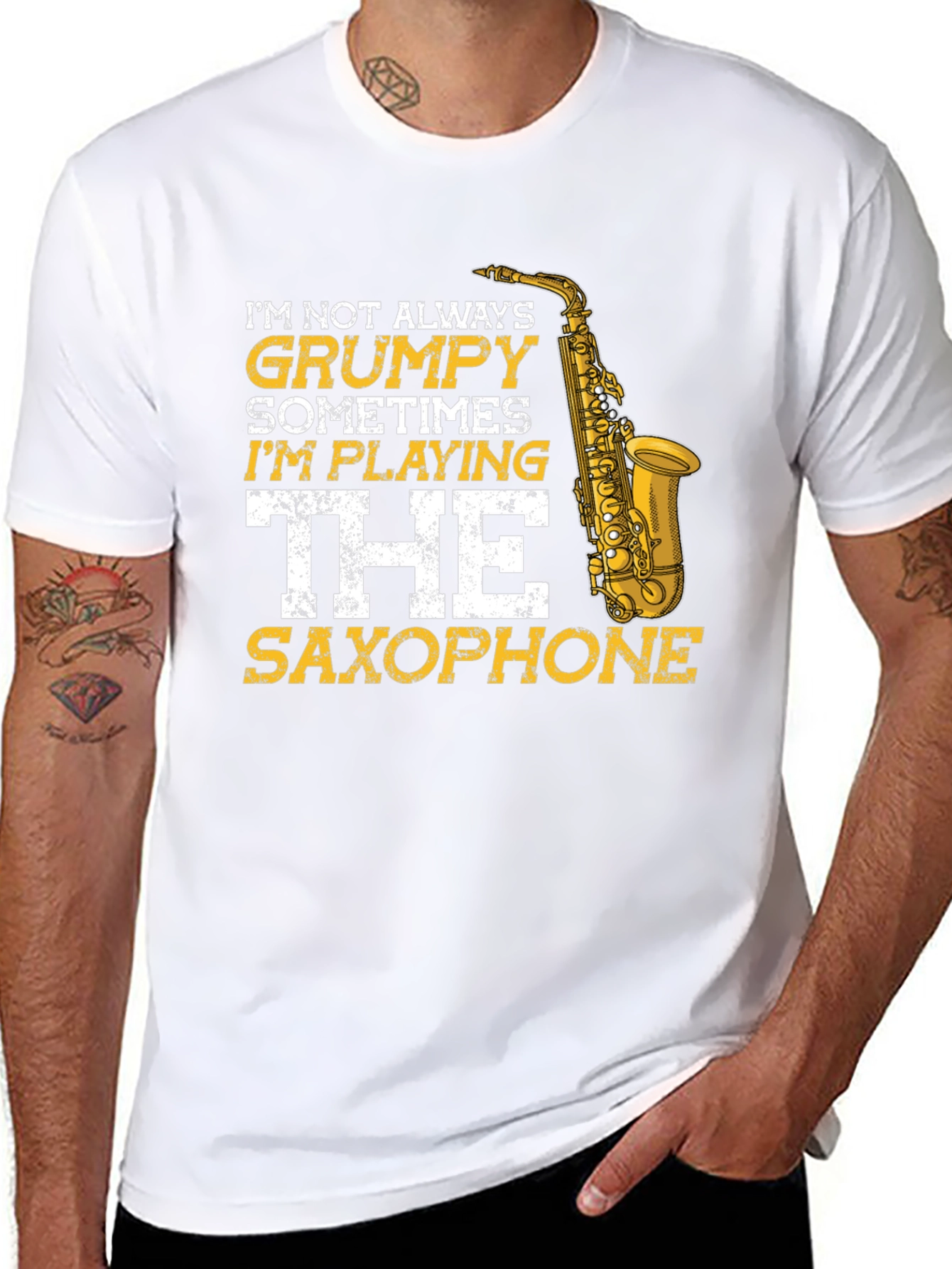 Grumpy Saxophone Player Graphic Tee - Black Cotton T-Shirt