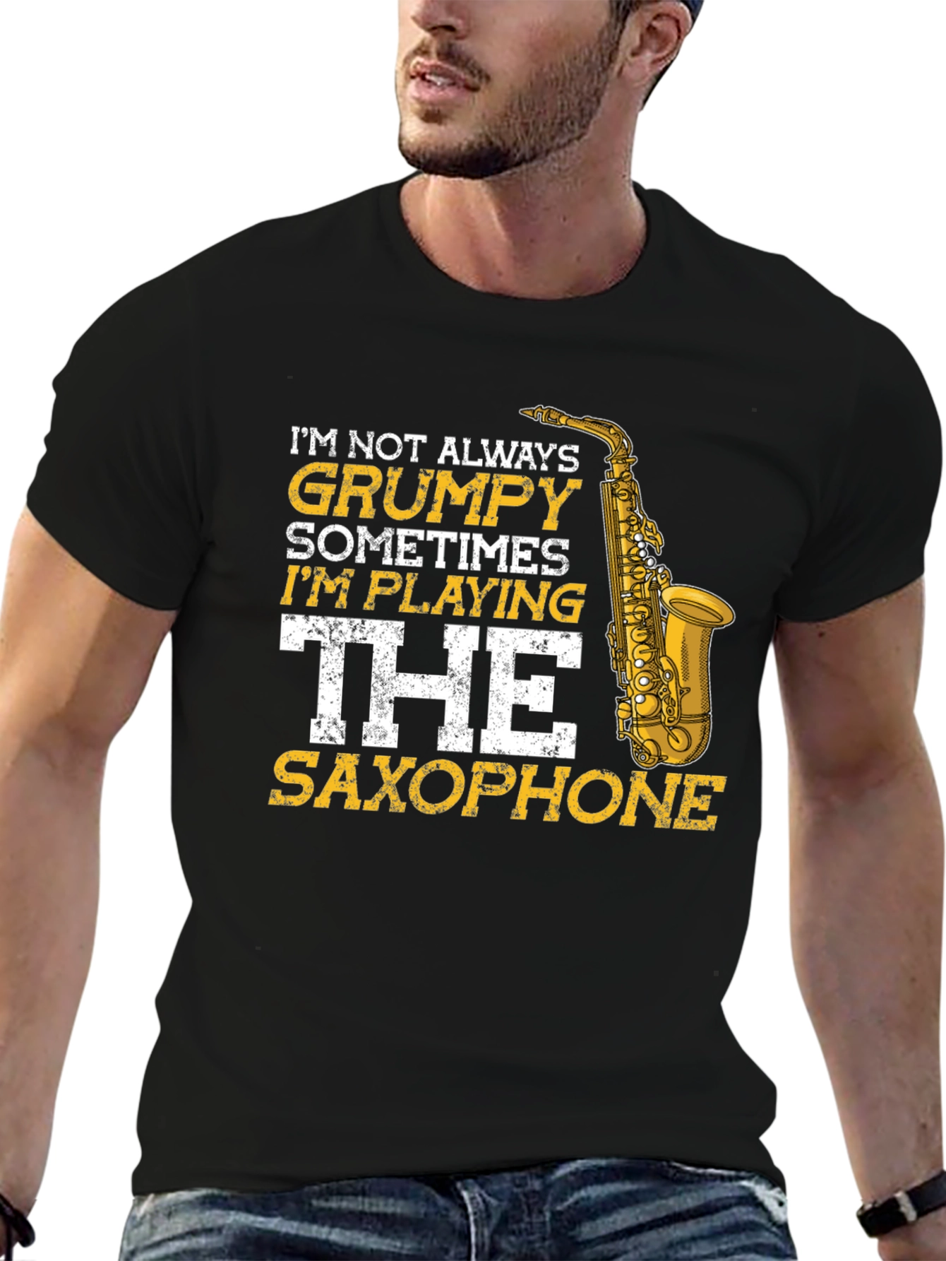 Grumpy Saxophone Player Graphic Tee - Black Cotton T-Shirt