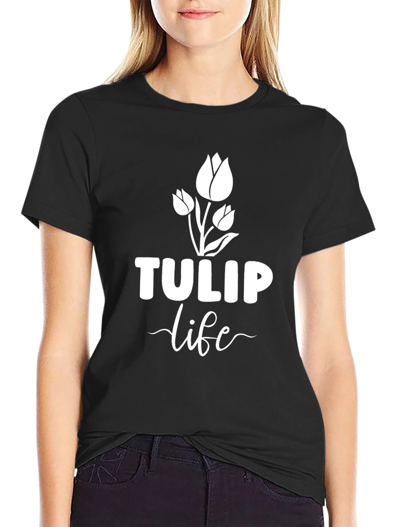 Tulip Life Black T-Shirt - Floral Design