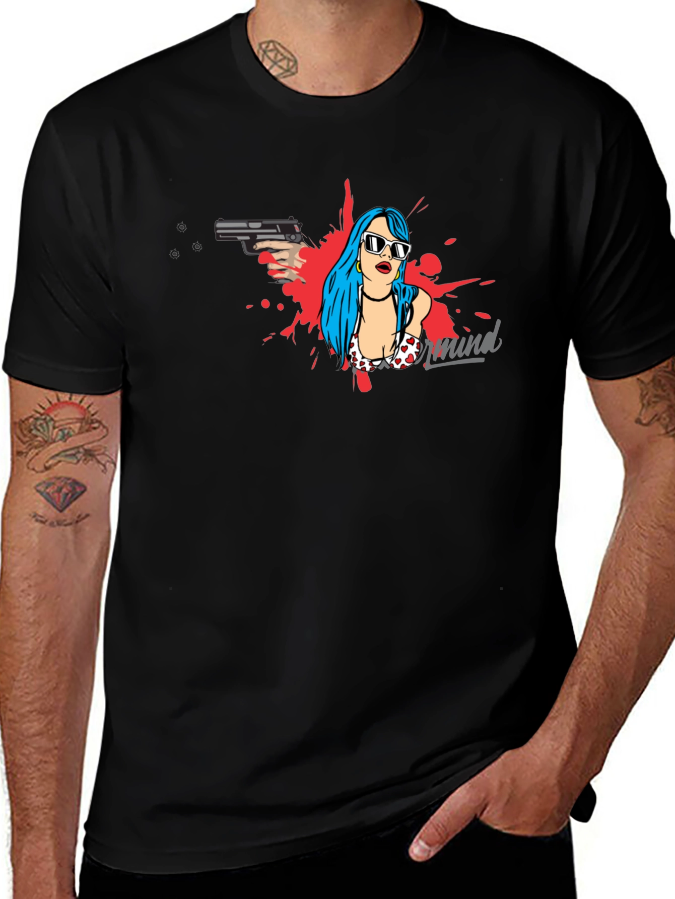 Edgy Graphic Print Tee - Gun & Girl Design