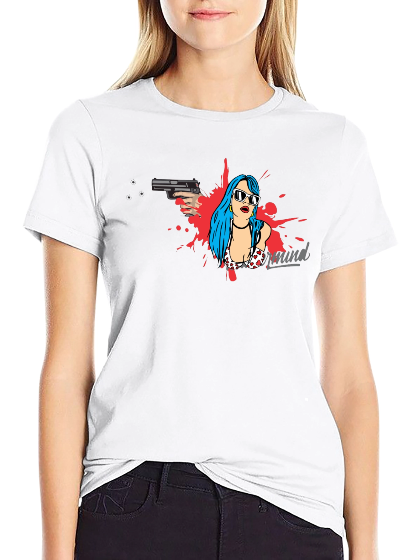 Edgy Graphic Print Tee - Gun & Girl Design