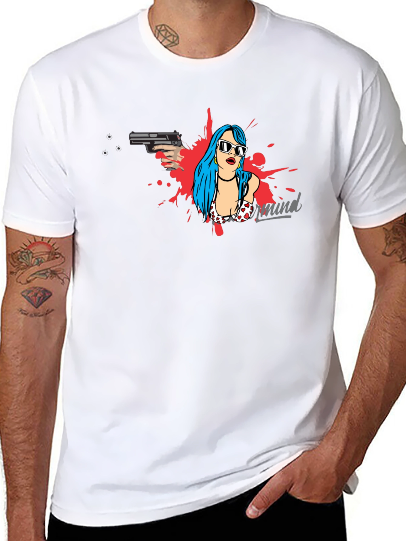 Edgy Graphic Print Tee - Gun & Girl Design