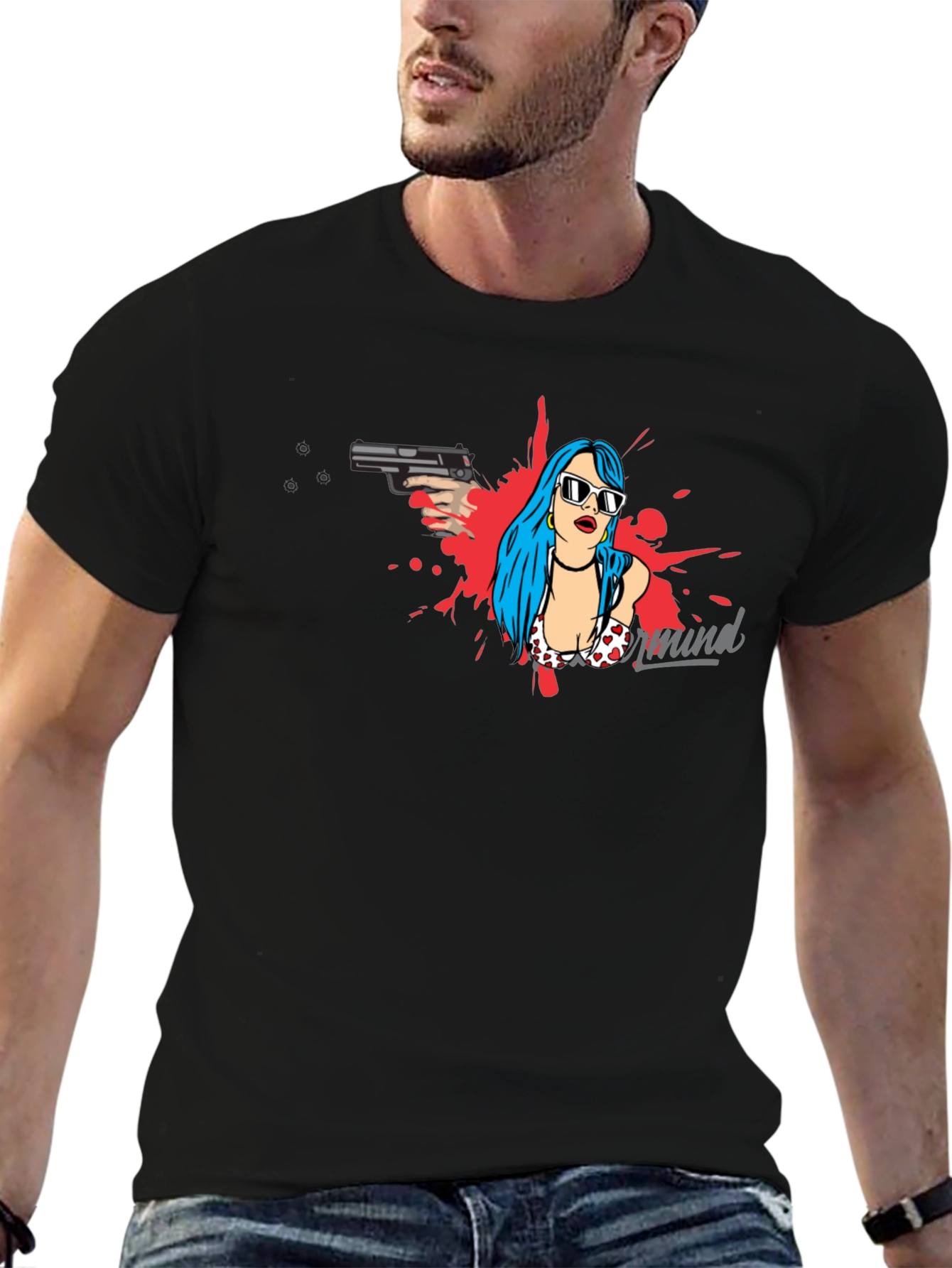 Edgy Graphic Print Tee - Gun & Girl Design