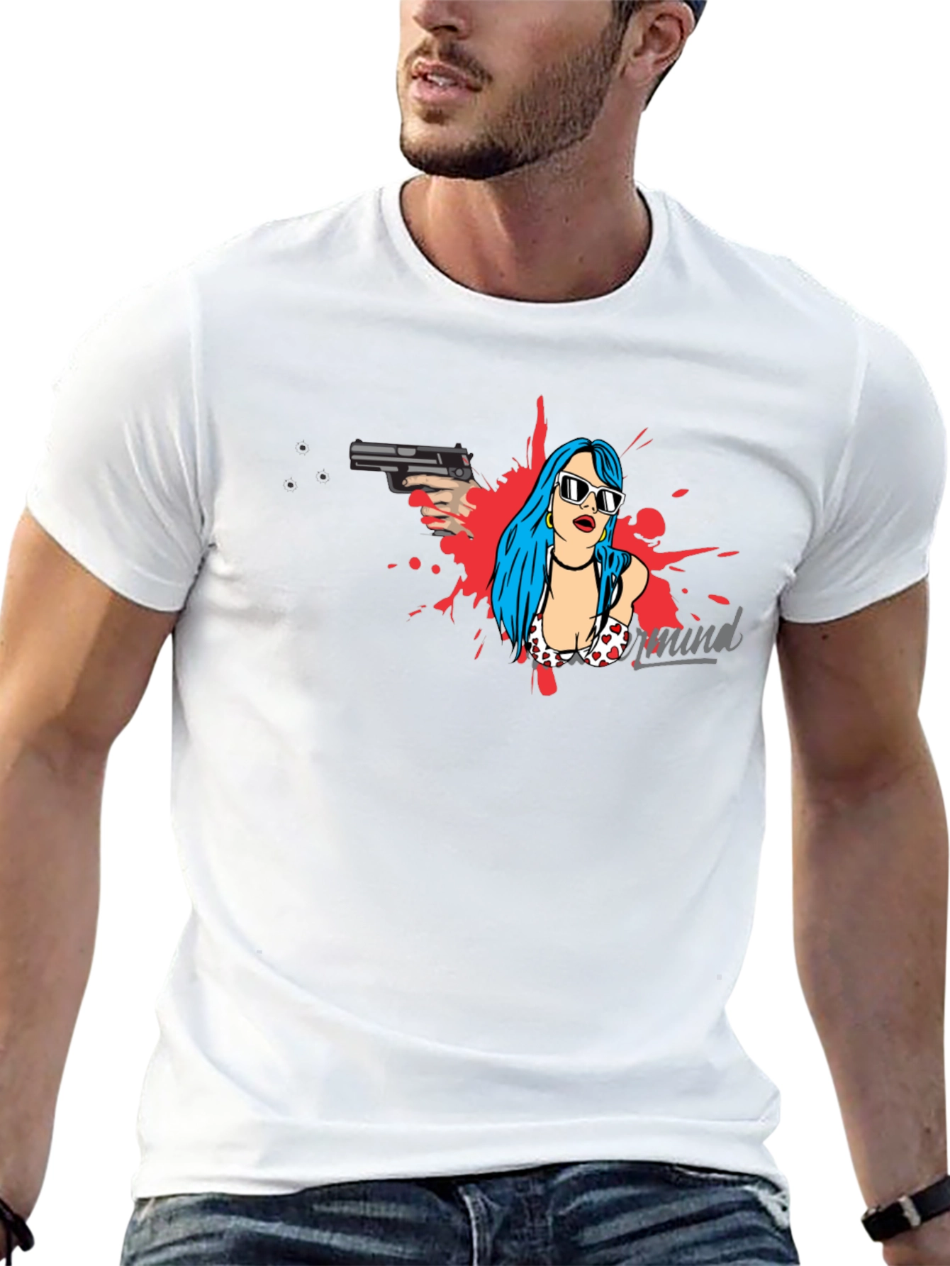 Edgy Graphic Print Tee - Gun & Girl Design