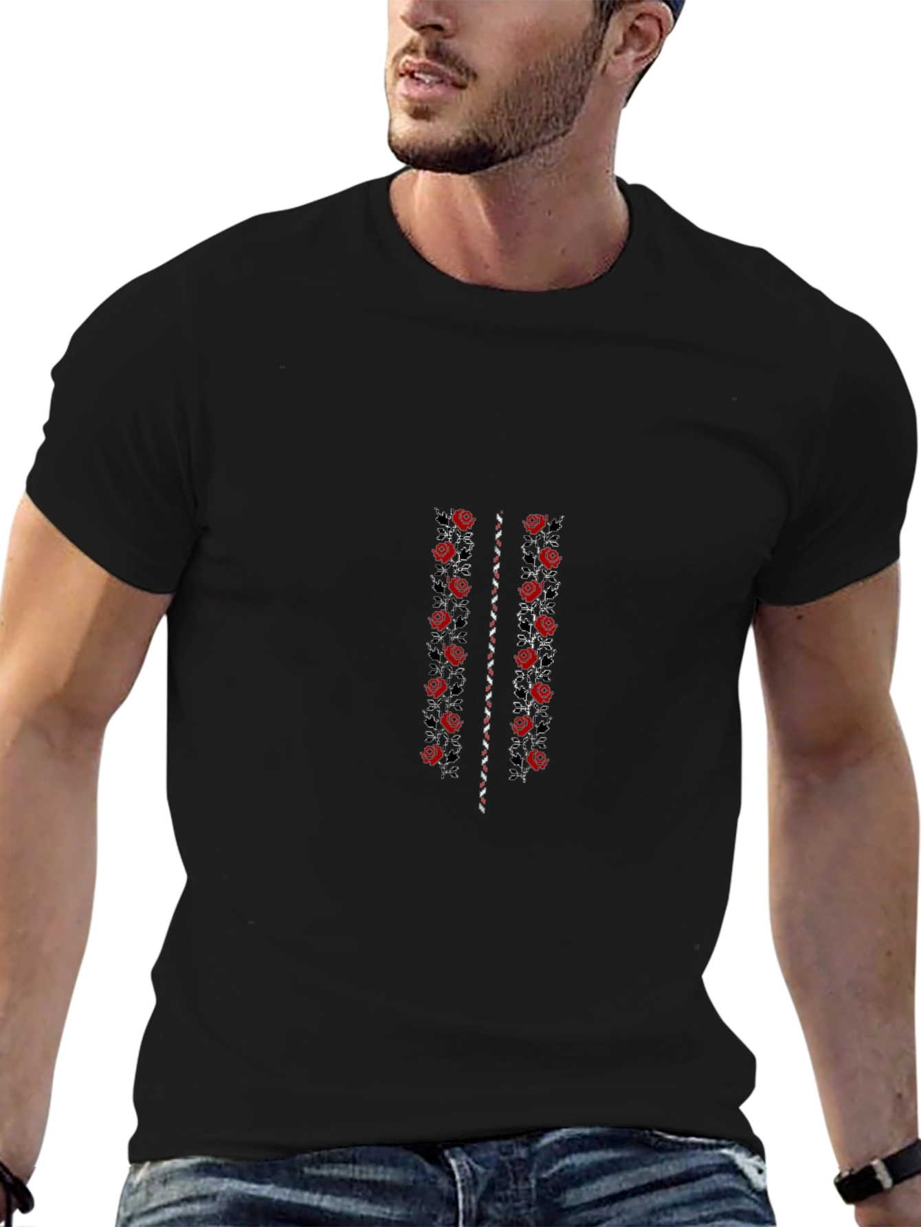 Floral Embroidered Black T-Shirt