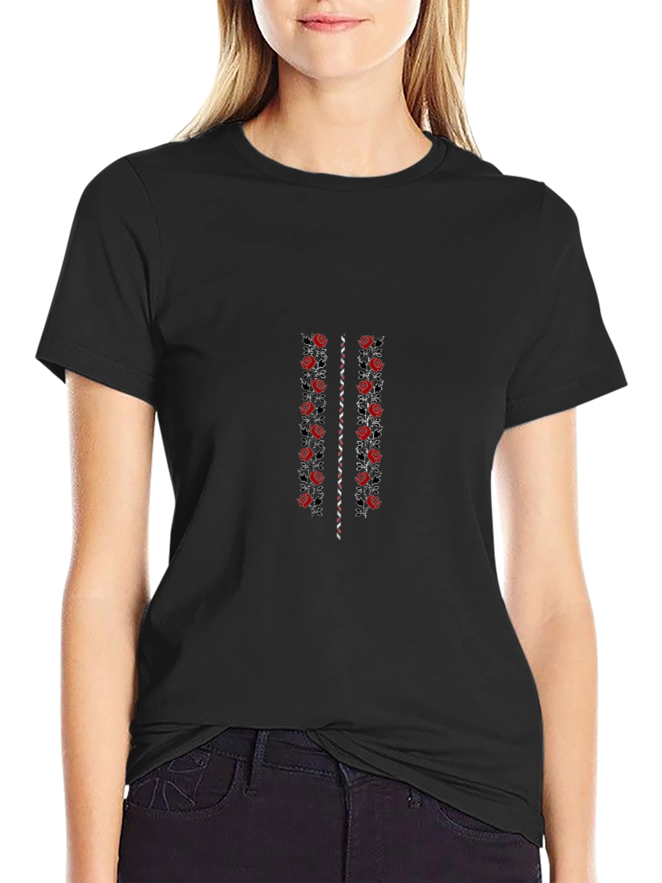 Floral Embroidered Black T-Shirt