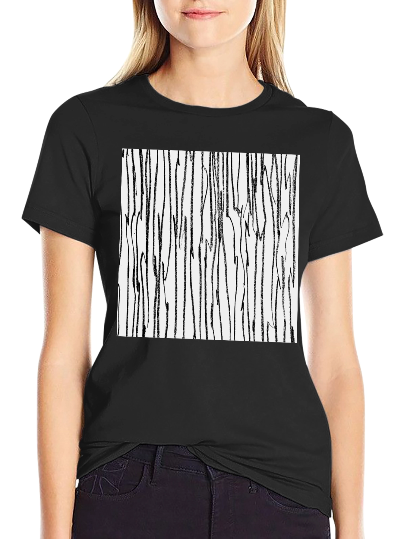 Abstract Stripe Print Black Cotton T-Shirt