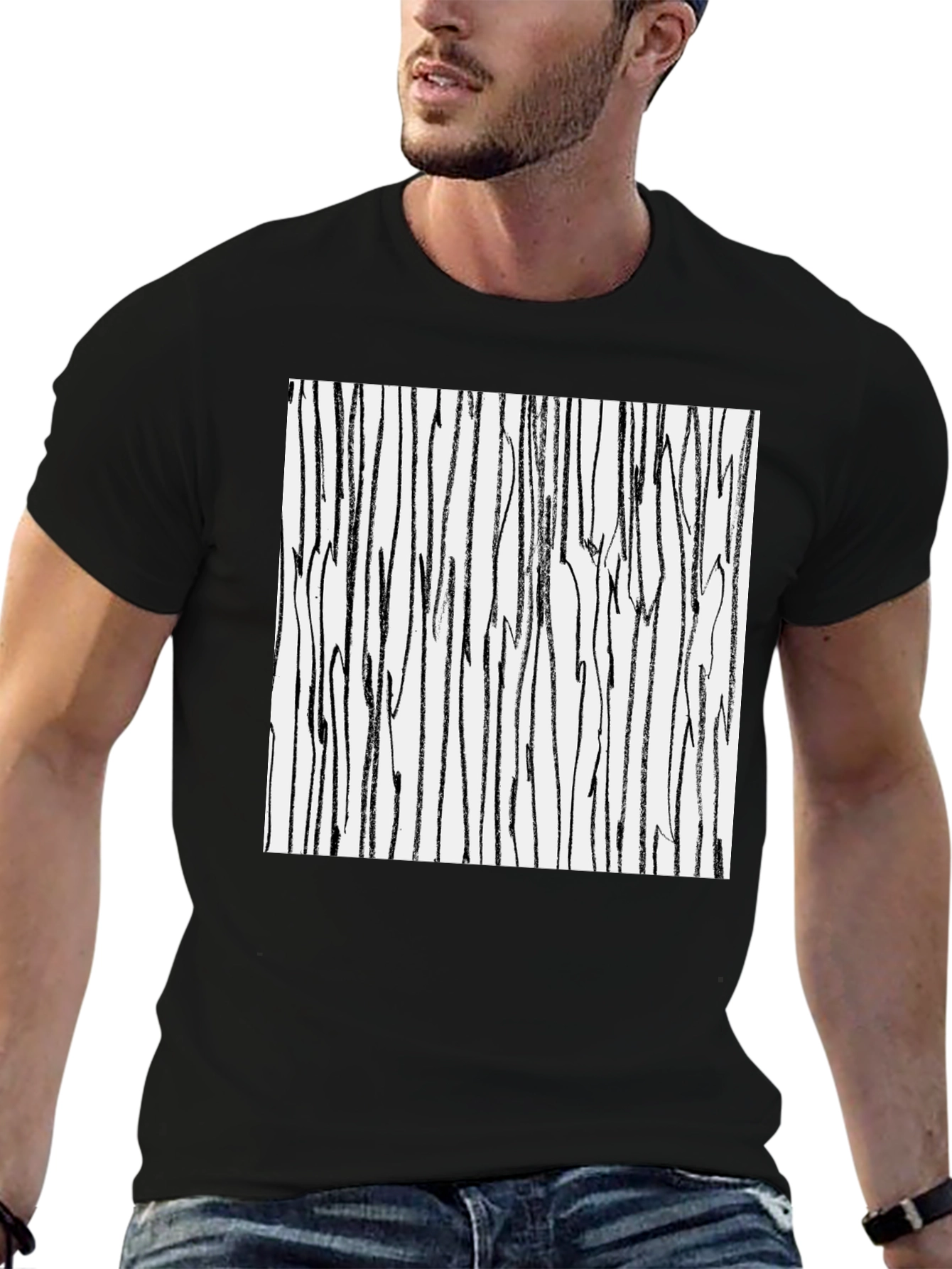 Abstract Stripe Print Black Cotton T-Shirt