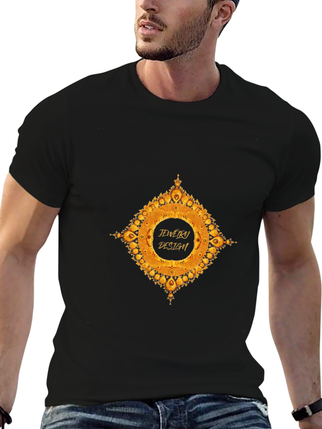 Mens Black T-Shirt with Gold Jewelry Design
