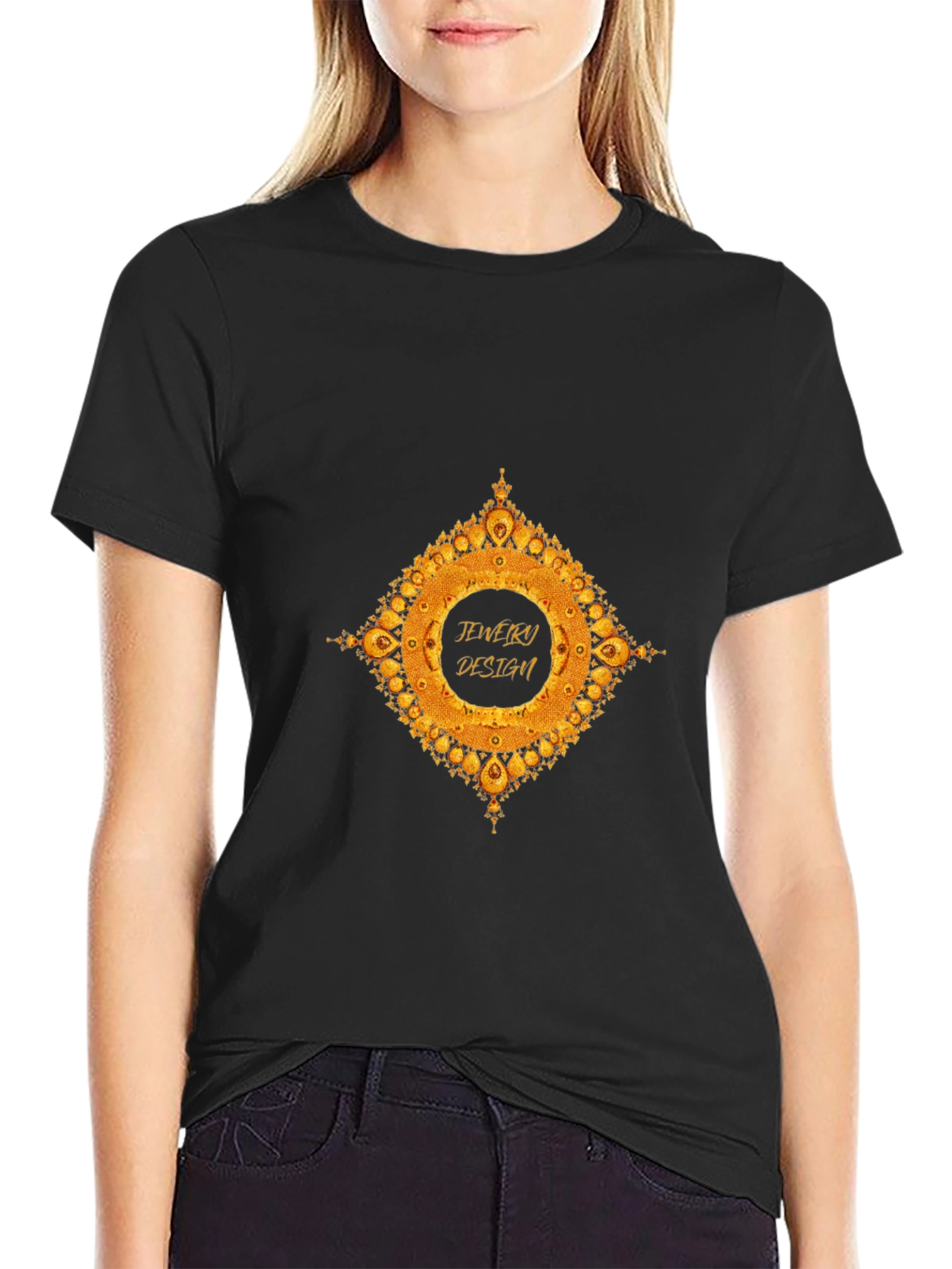 Mens Black T-Shirt with Gold Jewelry Design