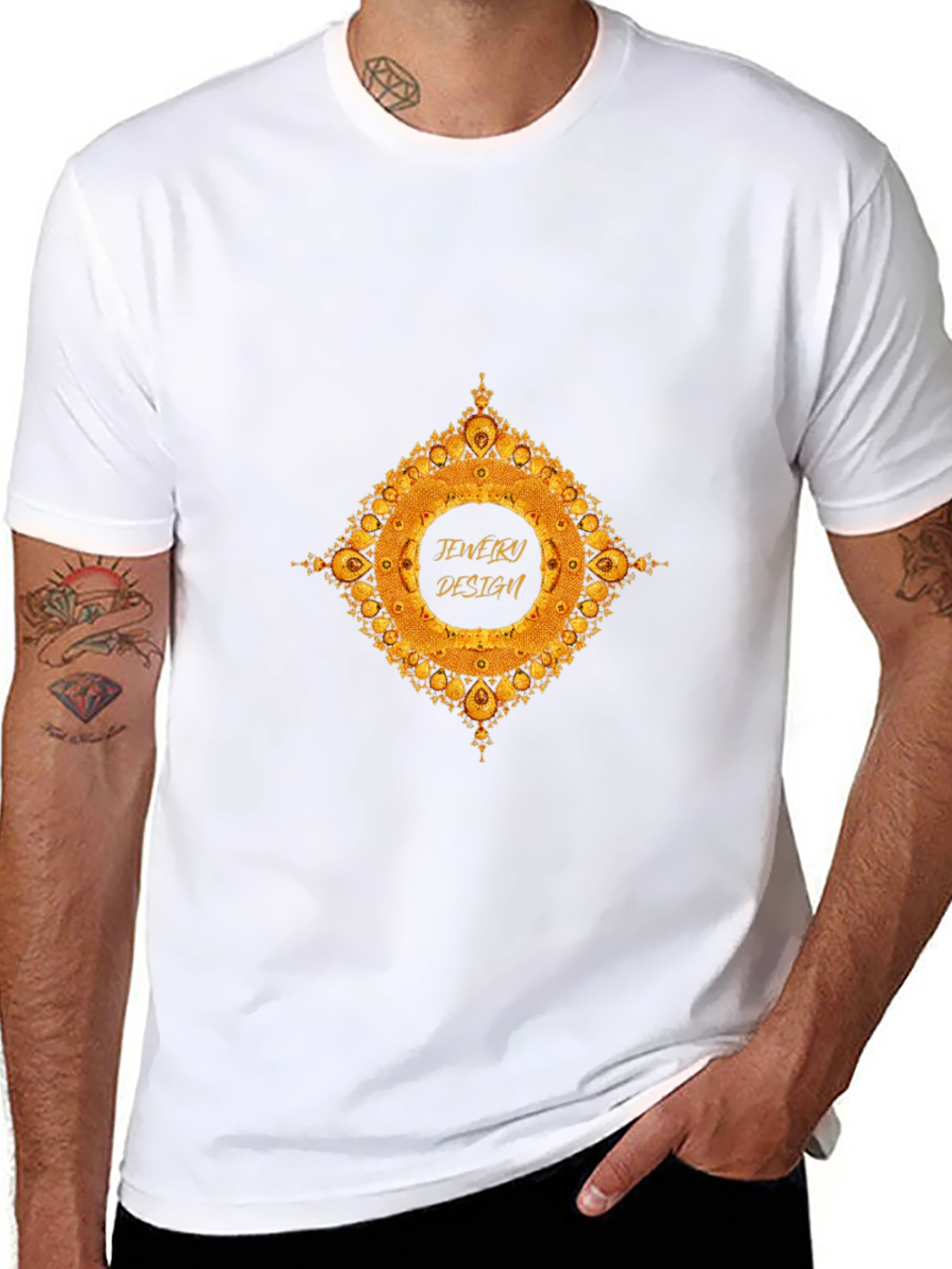 Mens Black T-Shirt with Gold Jewelry Design