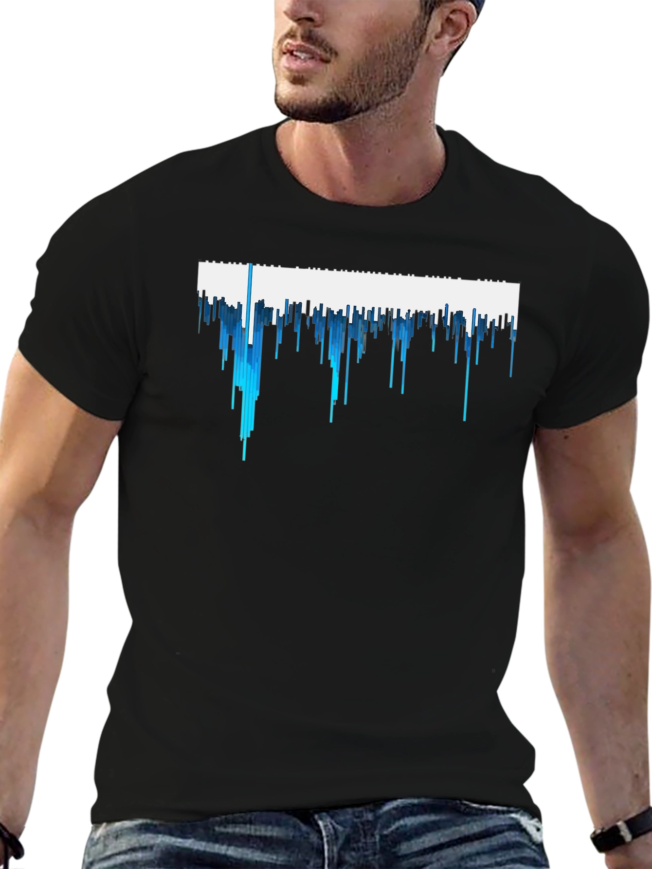 Abstract Blue Drip Design Black T-Shirt