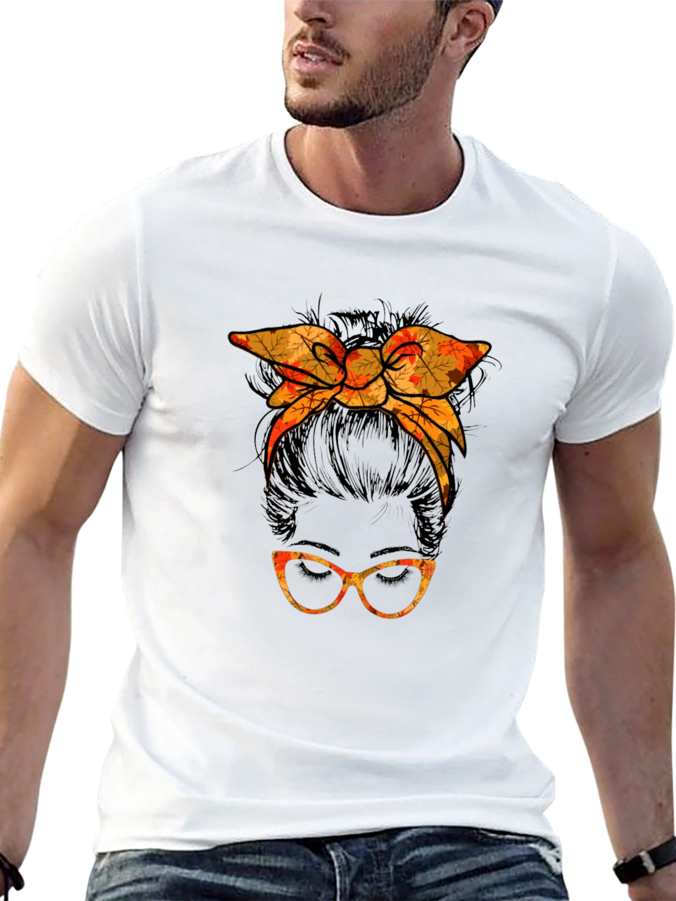 Messy Bun Fall Leaves Glasses Tee
