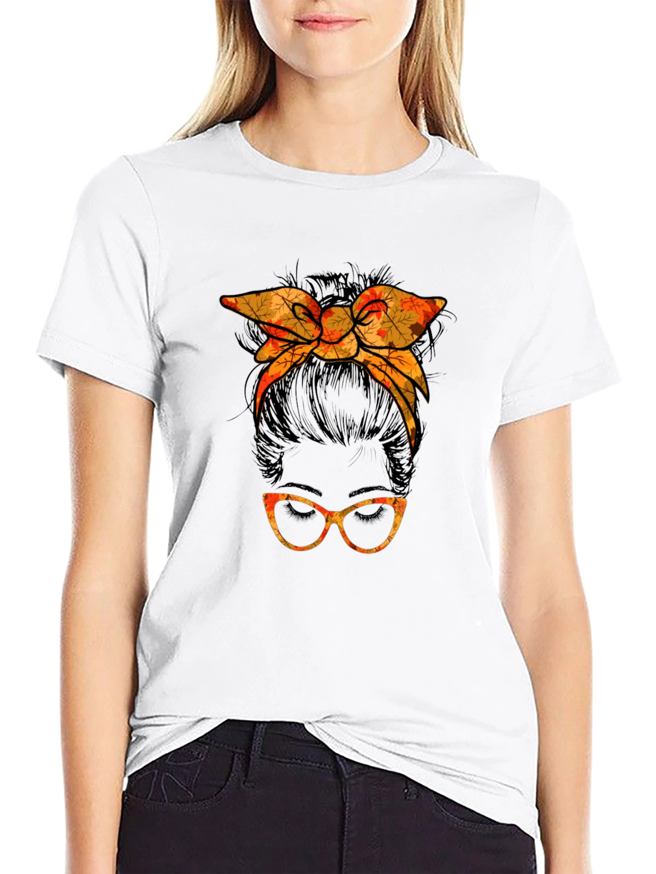 Messy Bun Fall Leaves Glasses Tee