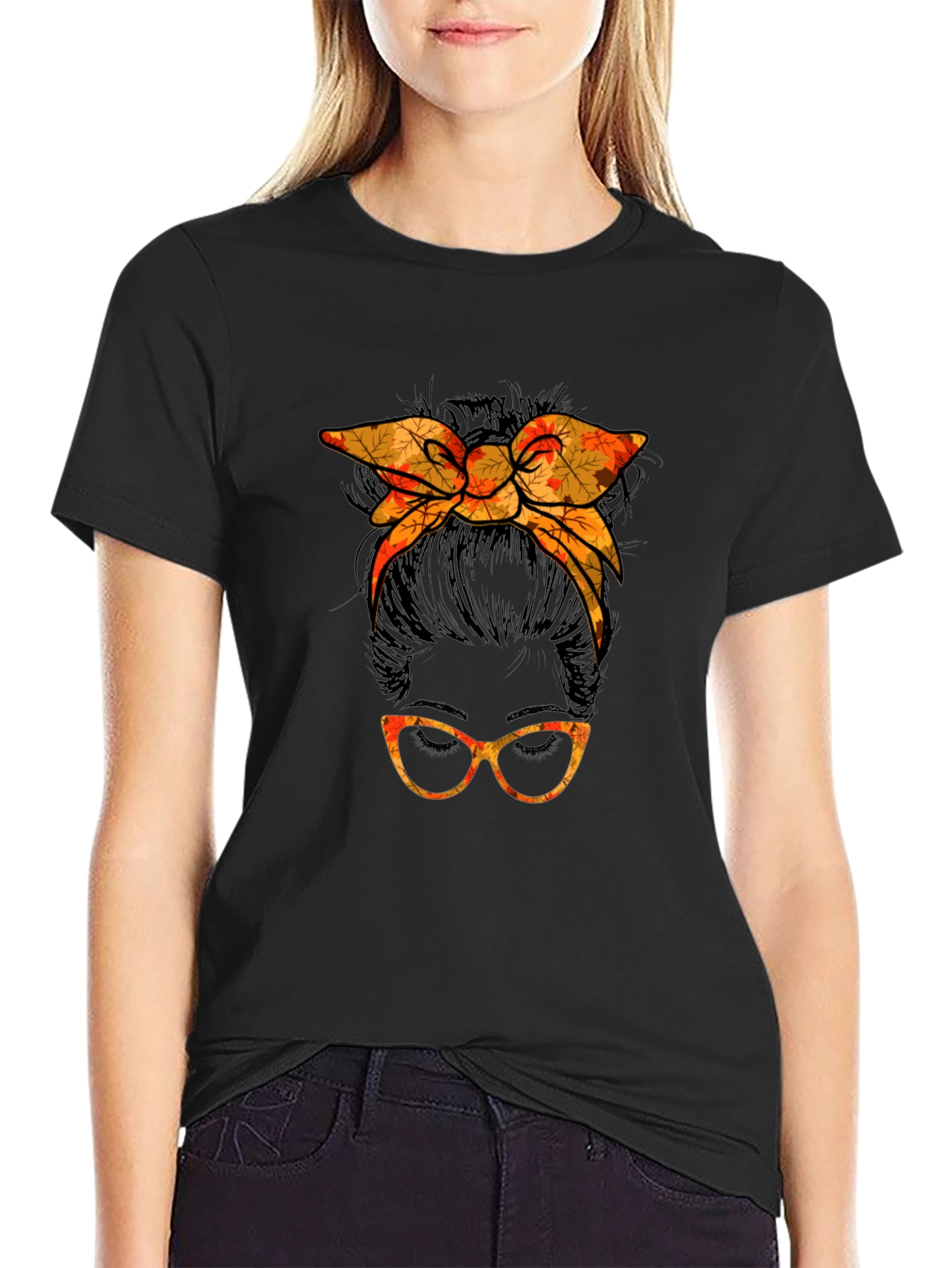 Messy Bun Fall Leaves Glasses Tee