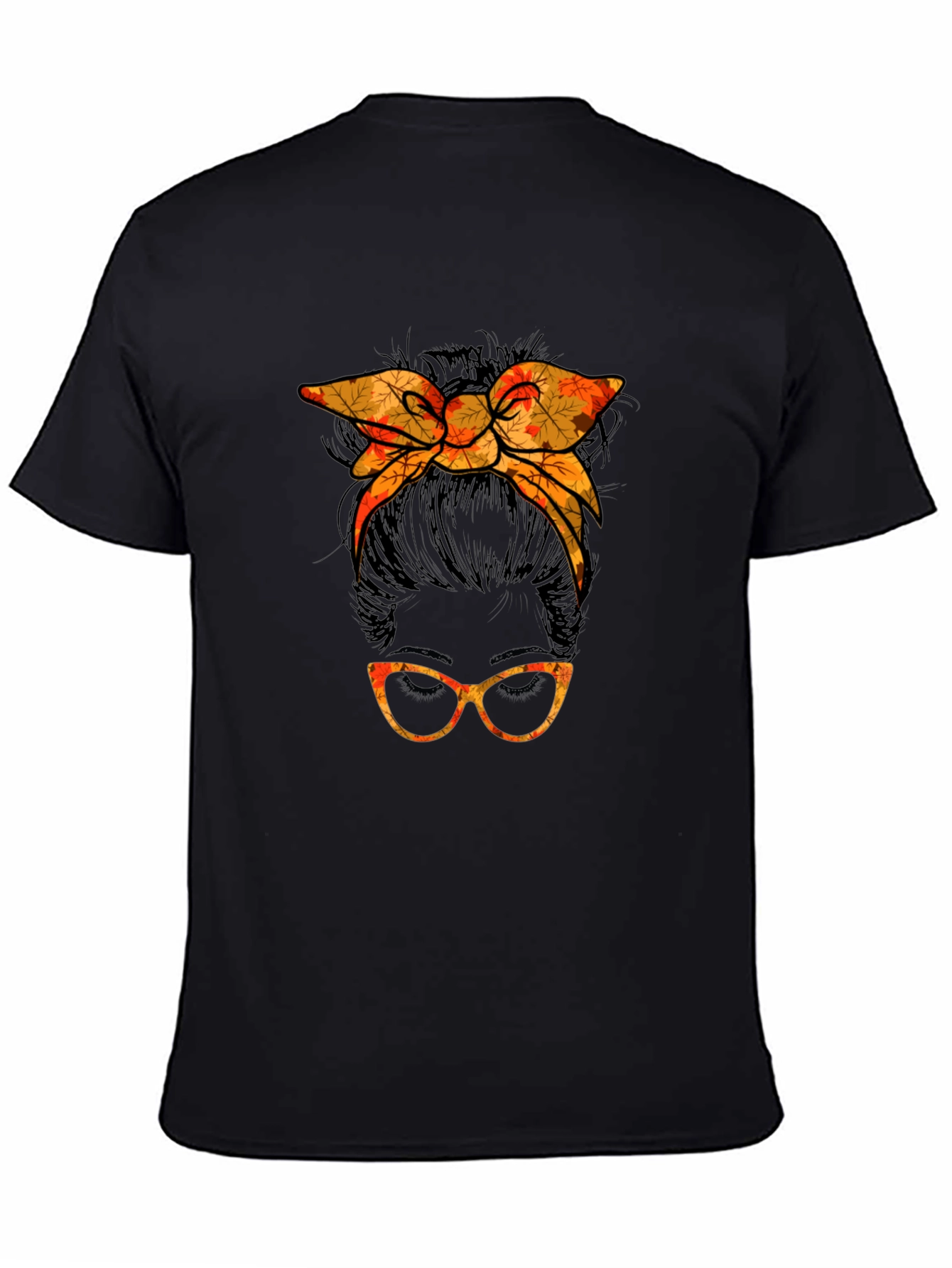 Messy Bun Fall Leaves Glasses Tee