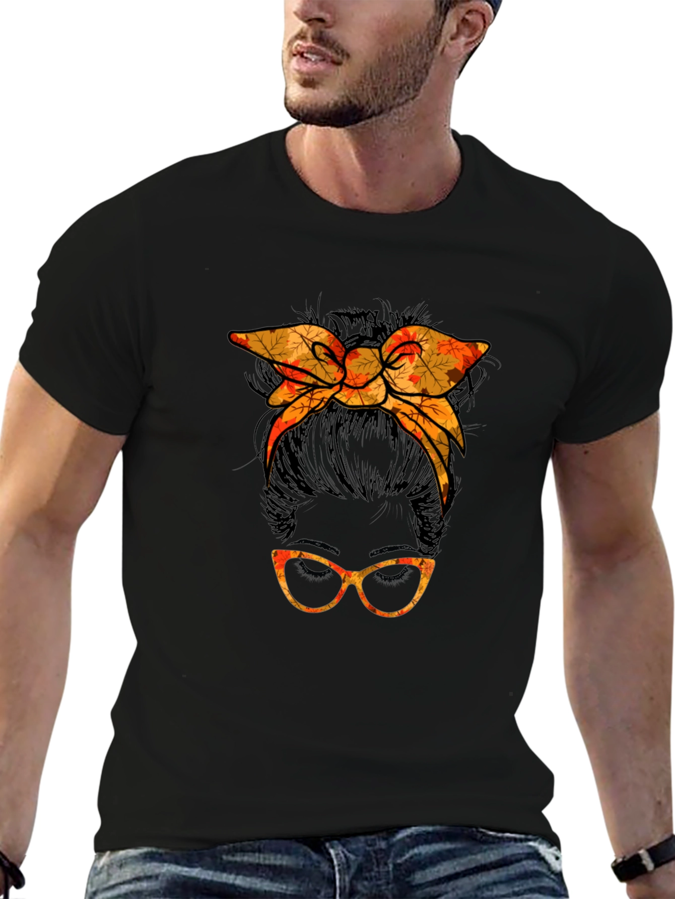 Messy Bun Fall Leaves Glasses Tee