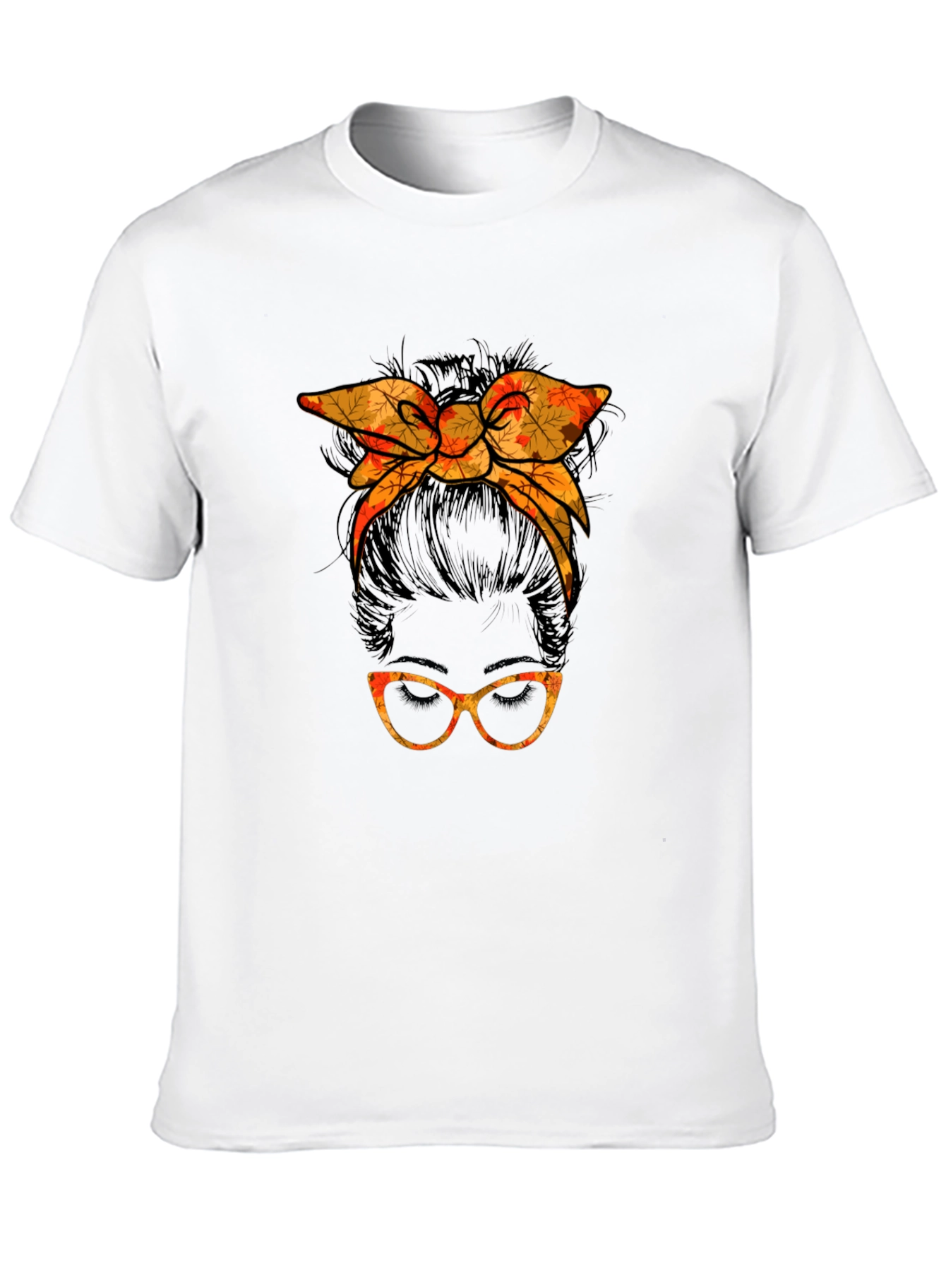 Messy Bun Fall Leaves Glasses Tee