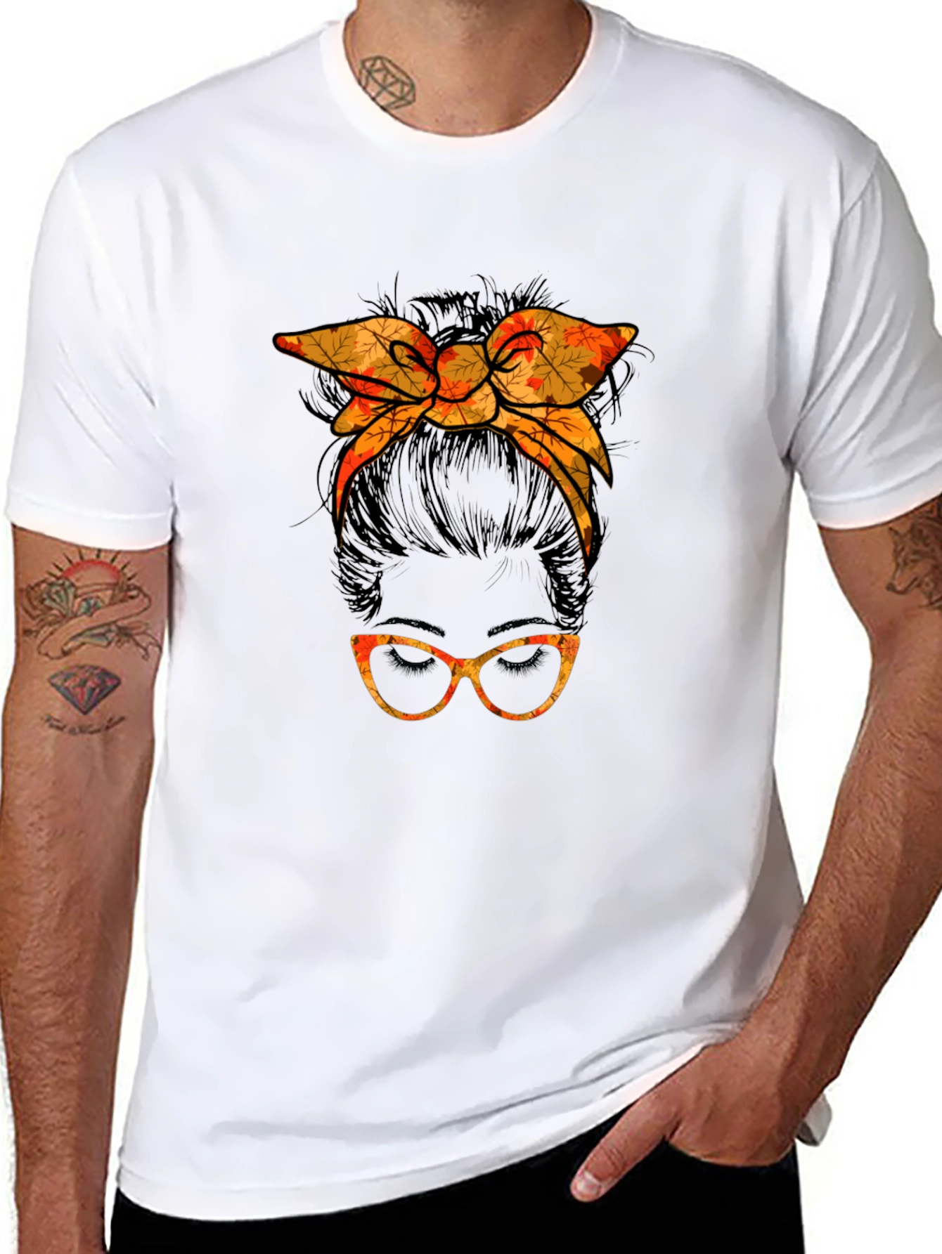 Messy Bun Fall Leaves Glasses Tee