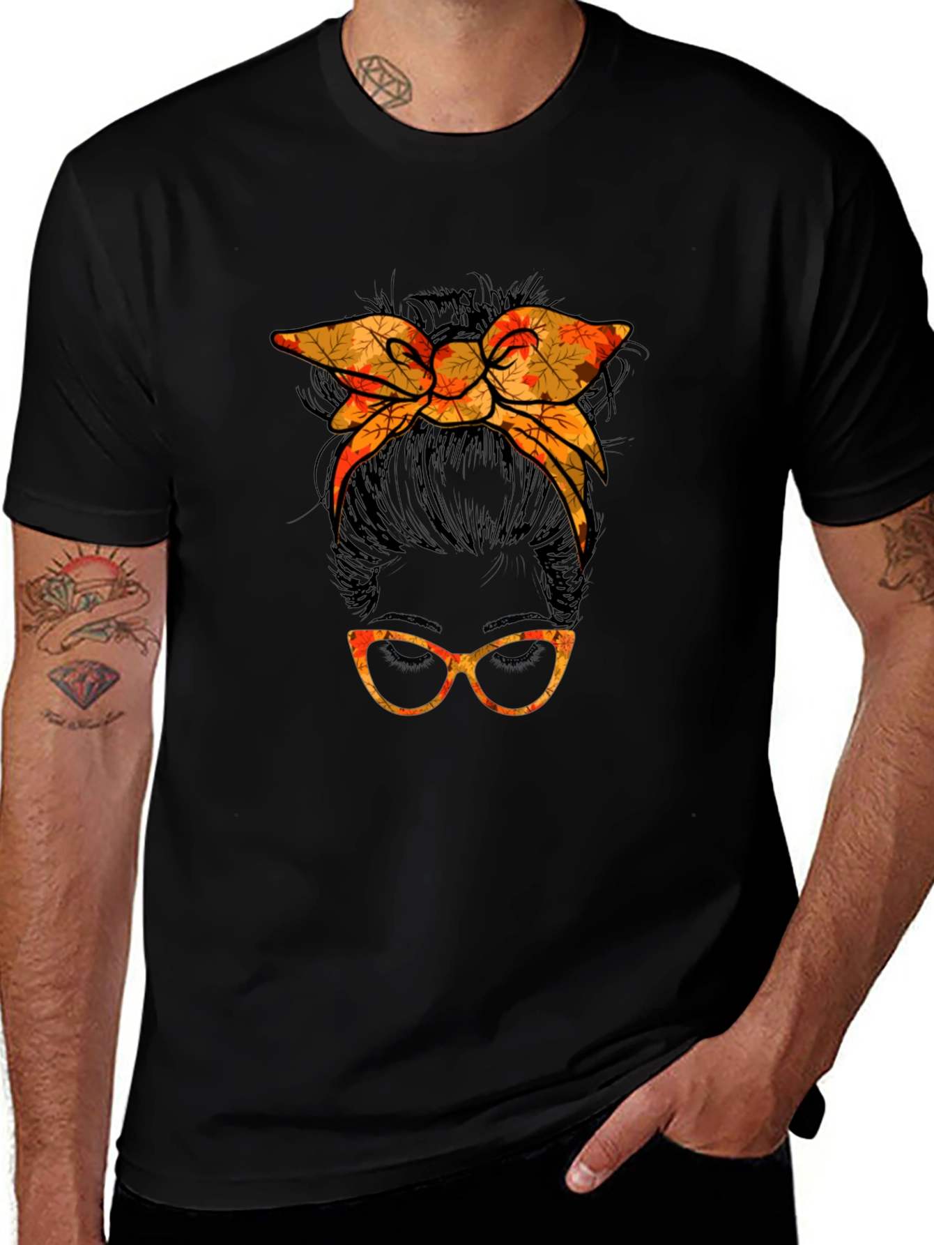 Messy Bun Fall Leaves Glasses Tee