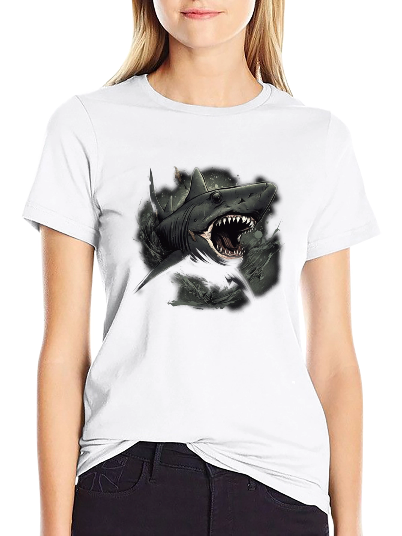 Shark Graphic Print Black Tee