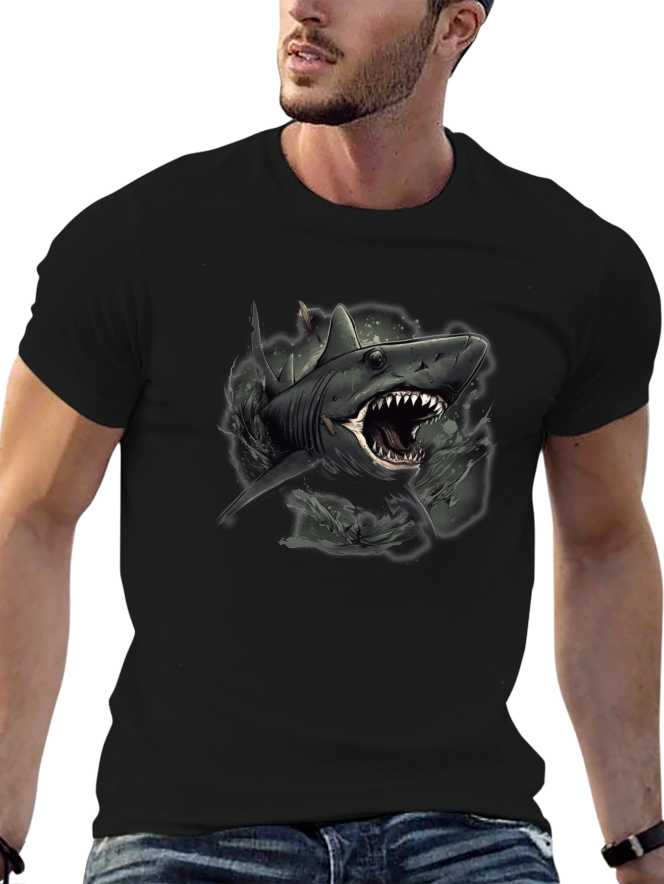 Shark Graphic Print Black Tee