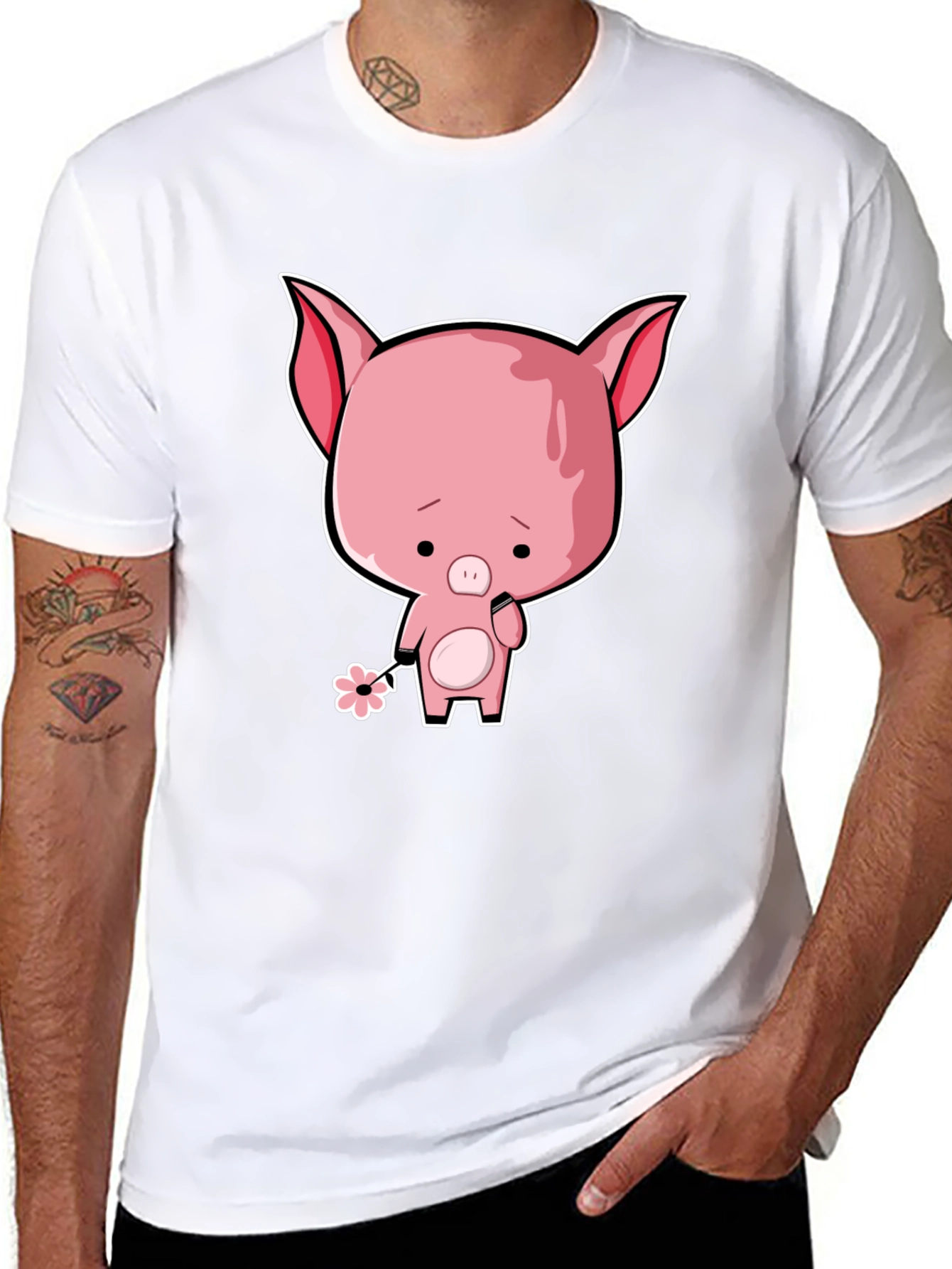 Sad Pig Cartoon T-Shirt - Black