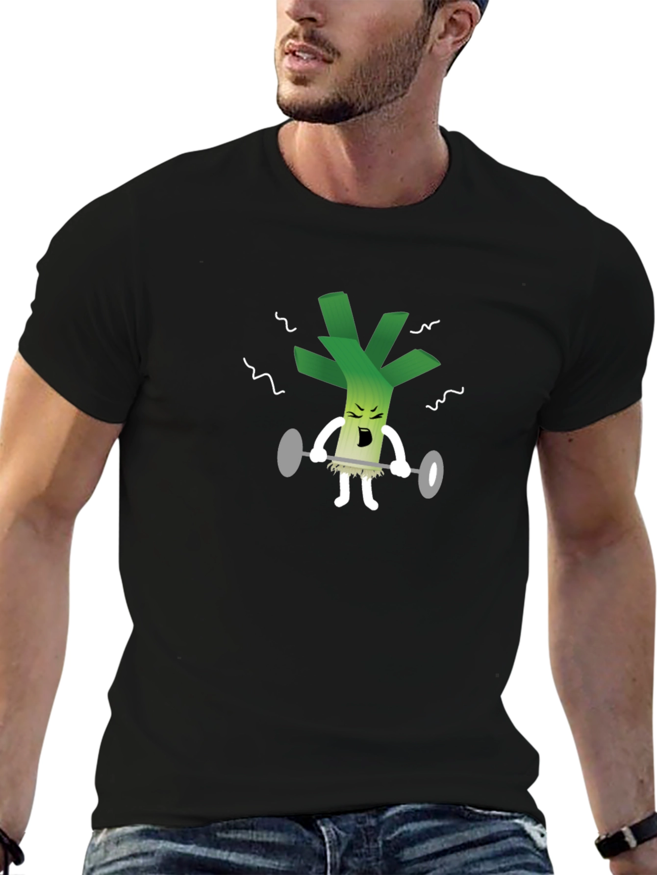 Weightlifting Leek Graphic Tee - Black Cotton T-Shirt