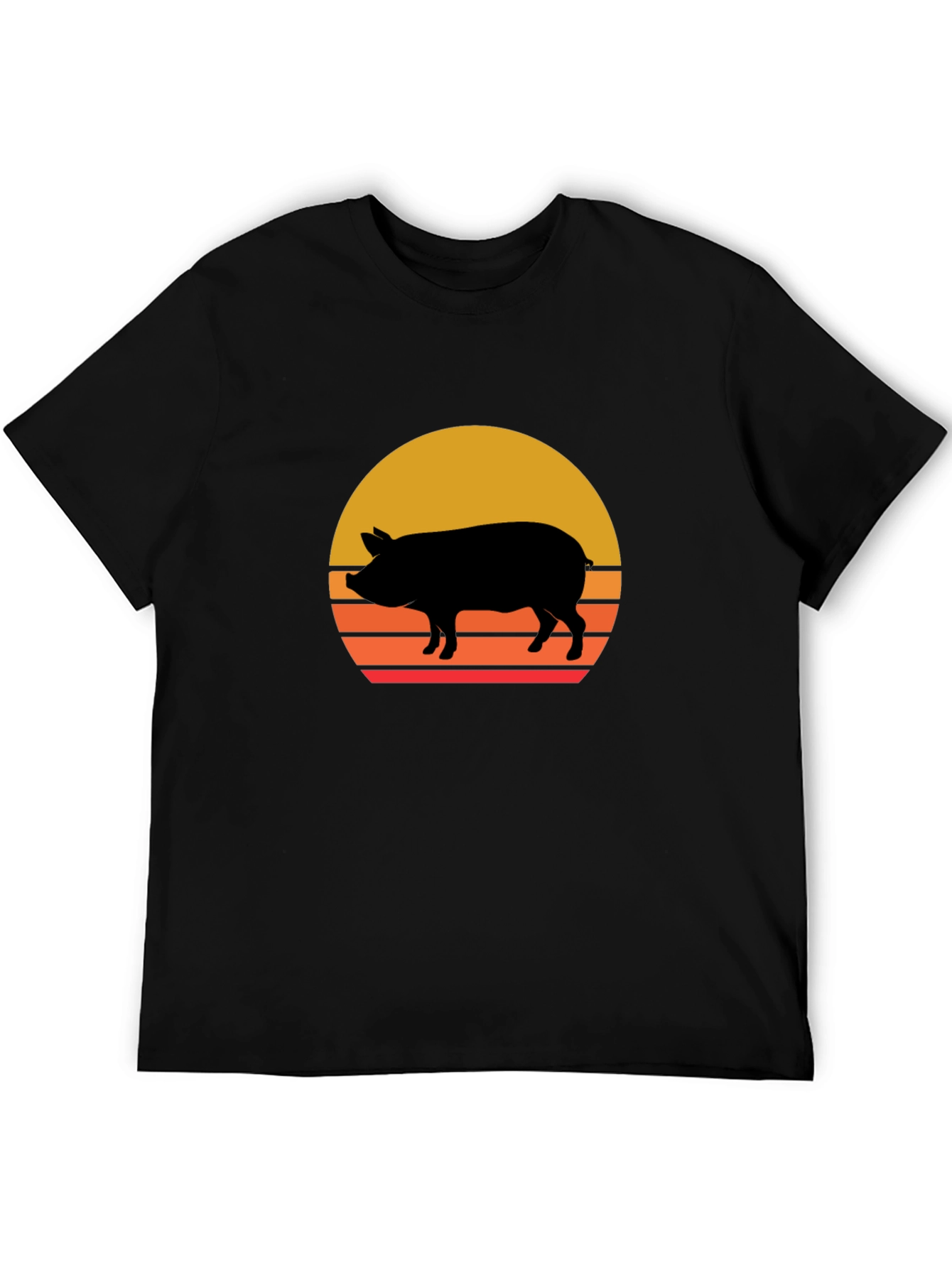 Retro Pig Sunset Graphic Tee - Black Cotton T-Shirt